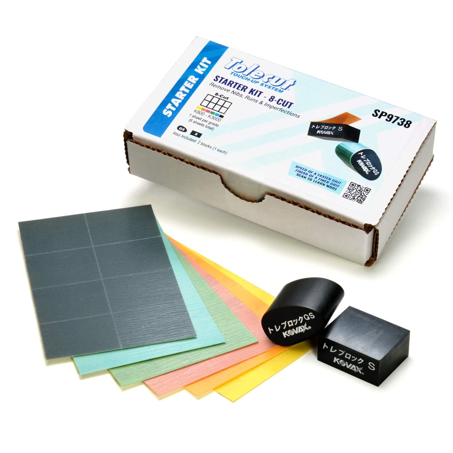 Tolecut Starter Kit - 8-Cut, PSA Sanding Sheets for Nibs, Runs and Imperfections, SP9738, K800 - K3000, 6 Sheets + 2 Toleblocks