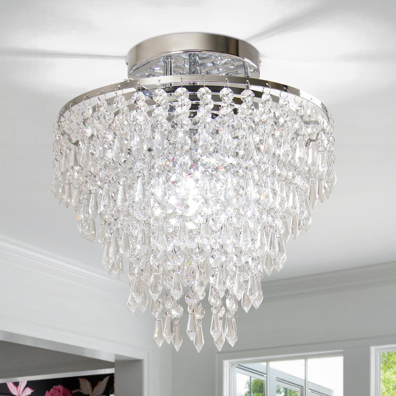 FRIXCHUR 11.8" Crystal Chandelier Chrome Flush Mount Ceiling Light 5 Tiers Raindrops Silver Chandeliers for Bedroom Hallway Living Room,E26 Base