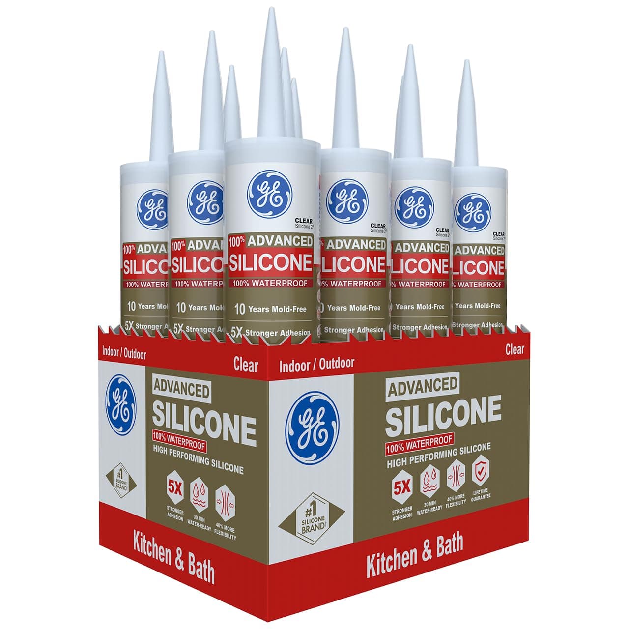 Advanced Silicone Caulk for Kitchen & Bathroom, Clear, 10 fl oz Cartridge, 12 Pack - 100% Waterproof Silicone Sealant, 5X Stronger Adhesion, Shrink & Crack Proof