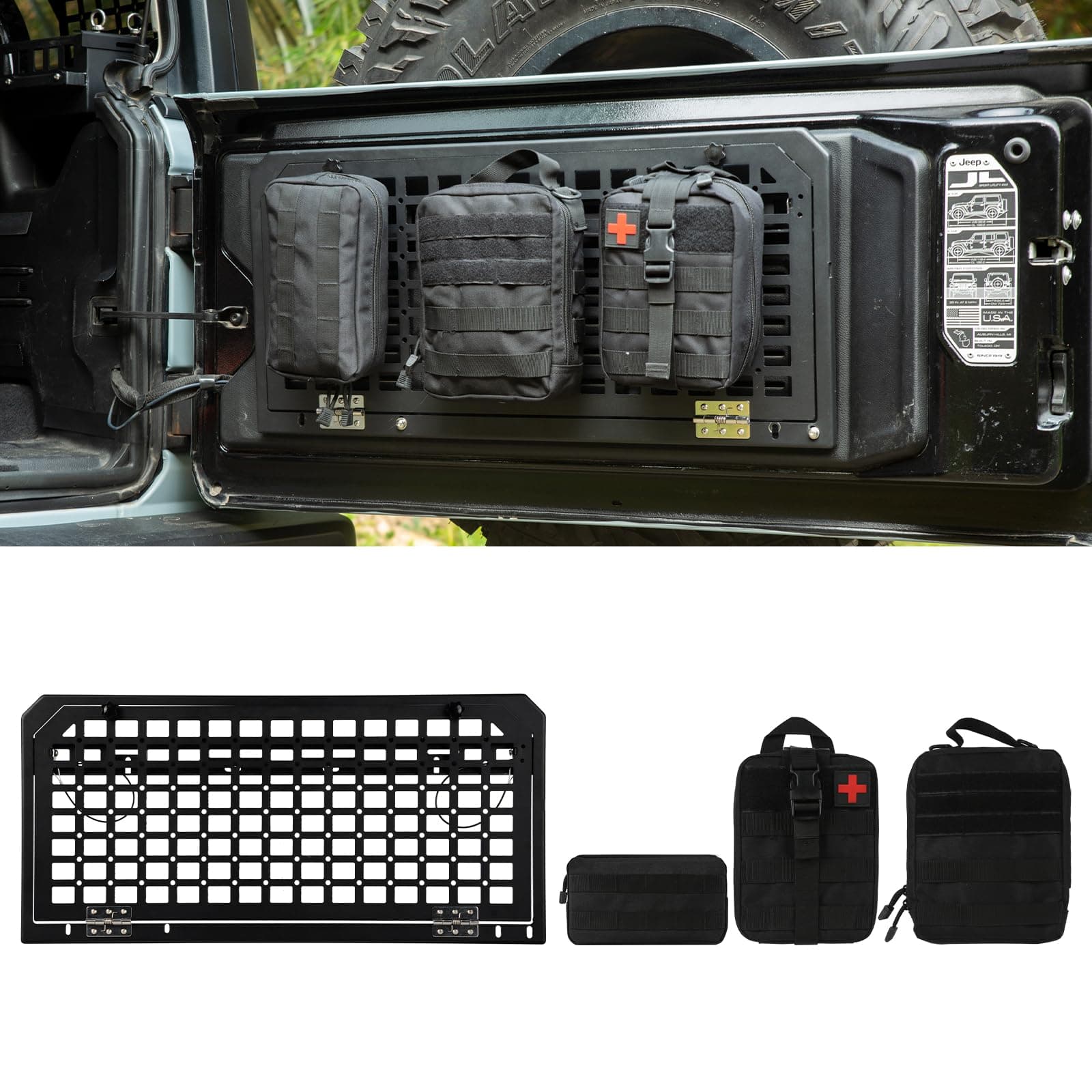 Tailgate Table Rear Storage Cargo Rack with 3 Storage Bags,Foldable Storage Shelf MOLLE Panel for 2007-2024 Jeep Wrangler JKU &JL JLU 4 Door