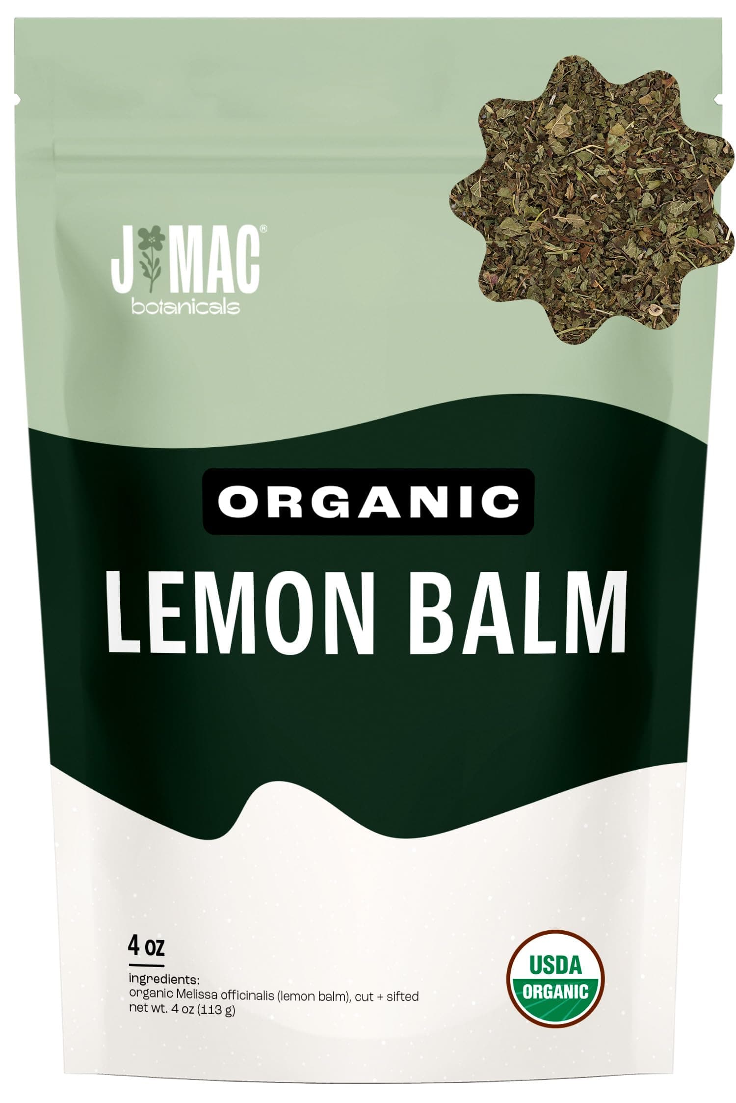 J Mac Botanicals Organic Lemon Balm (4 oz), Loose Leaf Tea, Dried Lemon Balm Tea, herbal Infusion, Lemon balm leaves, melissa officinalis tea, Certified USDA Organic