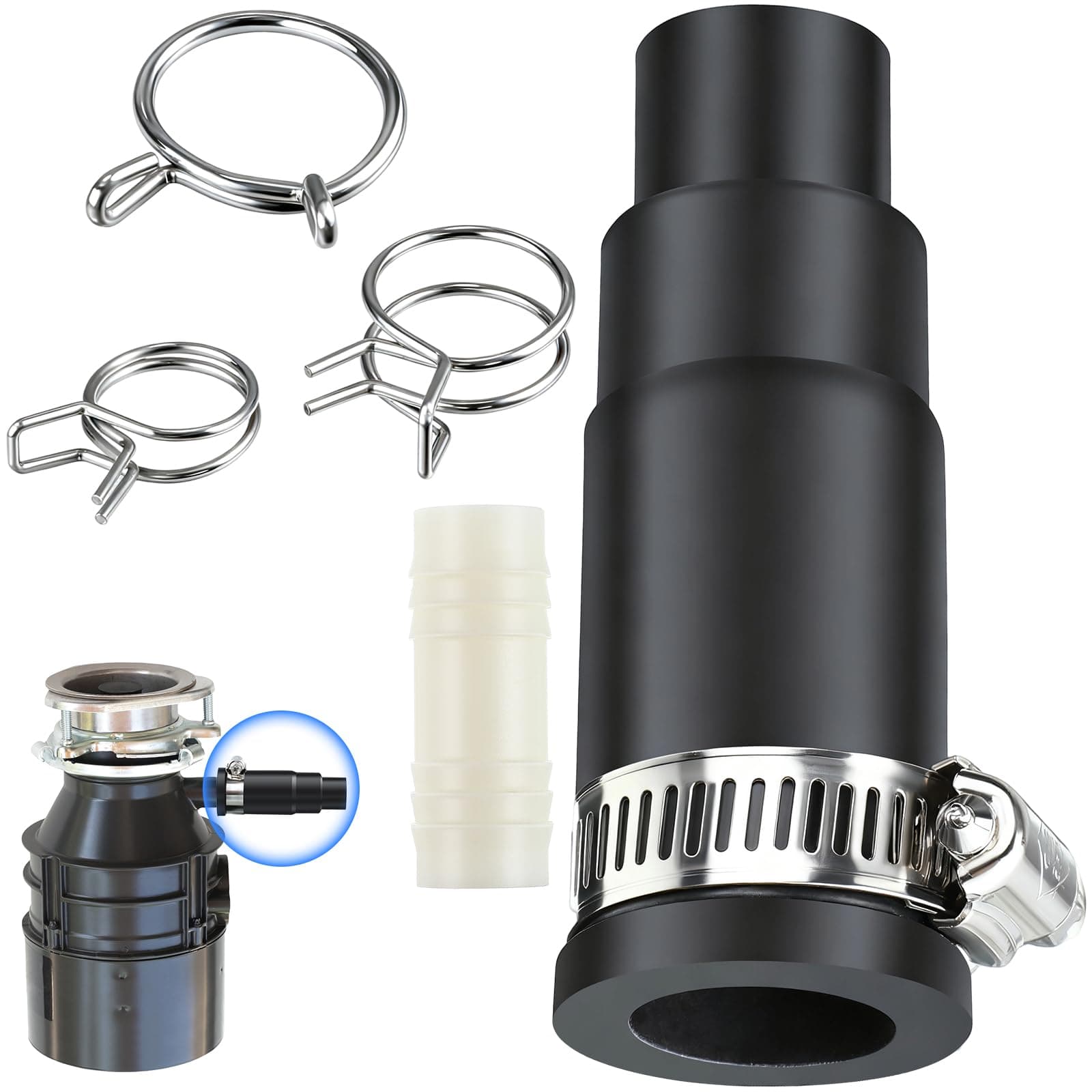 Dreyoo Dishwasher Connector Kit Universal Garbage Disposal Connector with 1 Inlet Connector, 1 Hose Clamp, and 3 Spring Clamps (1 Set)
