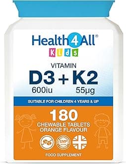 Kids Vitamin D3 + K2 180 Chewable Tablets 6 Months Supply, 600iu D3 & 55mcg K2 MK-7 for Children 4+, Natural Orange Flavour, Sugar-Free | Made in UK (Not Gummies)