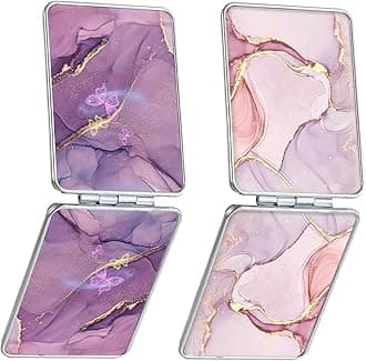 Pocket Mirror, Small Travel Mirror with Magnification, Portable Double-Sided Magnifying Cosmetic Mirror for Daily (Pink + Purple Marble)