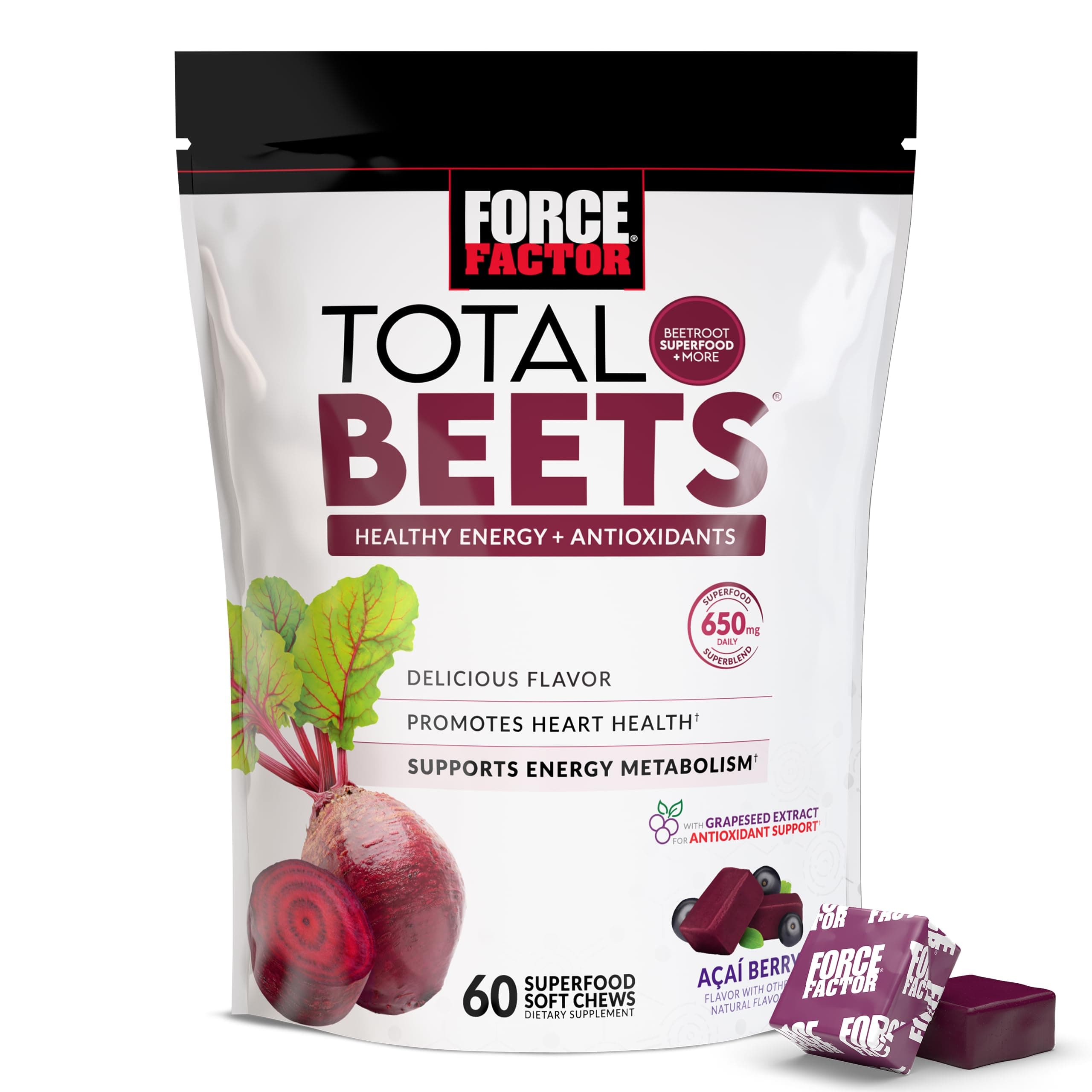 Total Beets Soft Chews with Beetroot, Nitrates, L-Citrulline, Grapeseed Extract, and Antioxidants, Healthy Energy Supplement with Elite Ingredients, Heart Health Superfood, 60 Chews