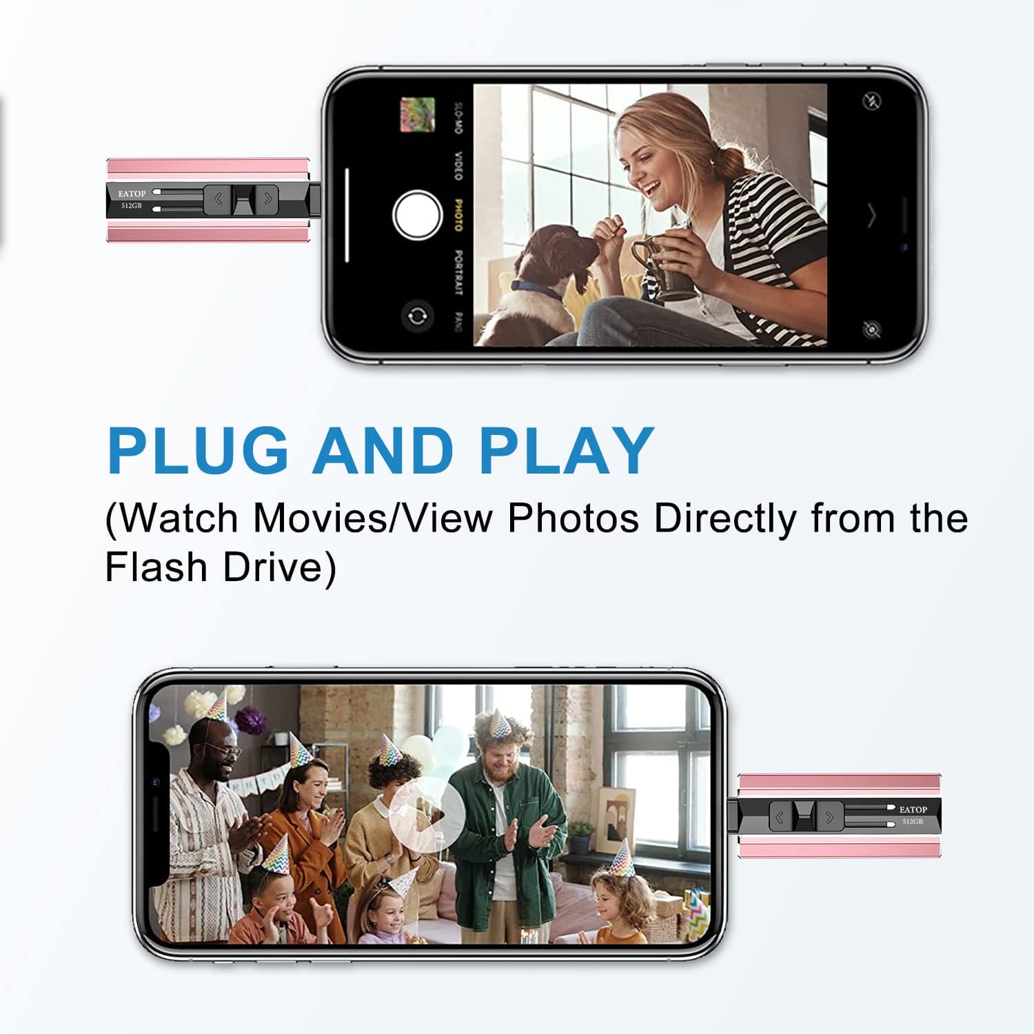 512GB Photo Stick for iPhone Flash Drive, iPhone Memory Stick Thumb Drives USB Stick External Storage Compatible with iPhone/iPad/Android/PC (Rose Gold), EAUSB003-ROSE GOLD