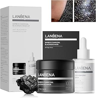 LANBENA 3-in-1 Blackhead Removal Set - Bamboo Charcoal Pore Strips (30g), Pore Minimizing Serum (30ml) & Removal Paper - Mask for Face, Minimizes Pores & Leaves Skin Fresh & Clean, Blackhead Remover