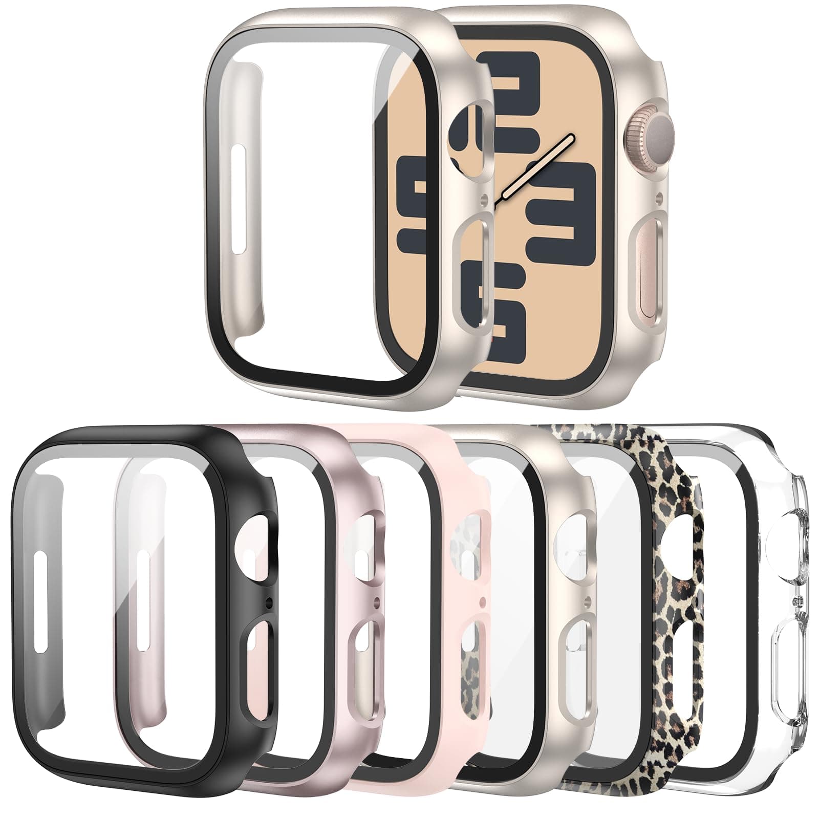 Cuteey 6 Pack Case for Apple Watch 44mm SE 3(2025)SE 2/SE/Series 6/Series 5/Series 4 with Built-in Tempered Glass Screen Protector, Overall Full Protective Bumper PC Cover for iwatch 44mm Accessories
