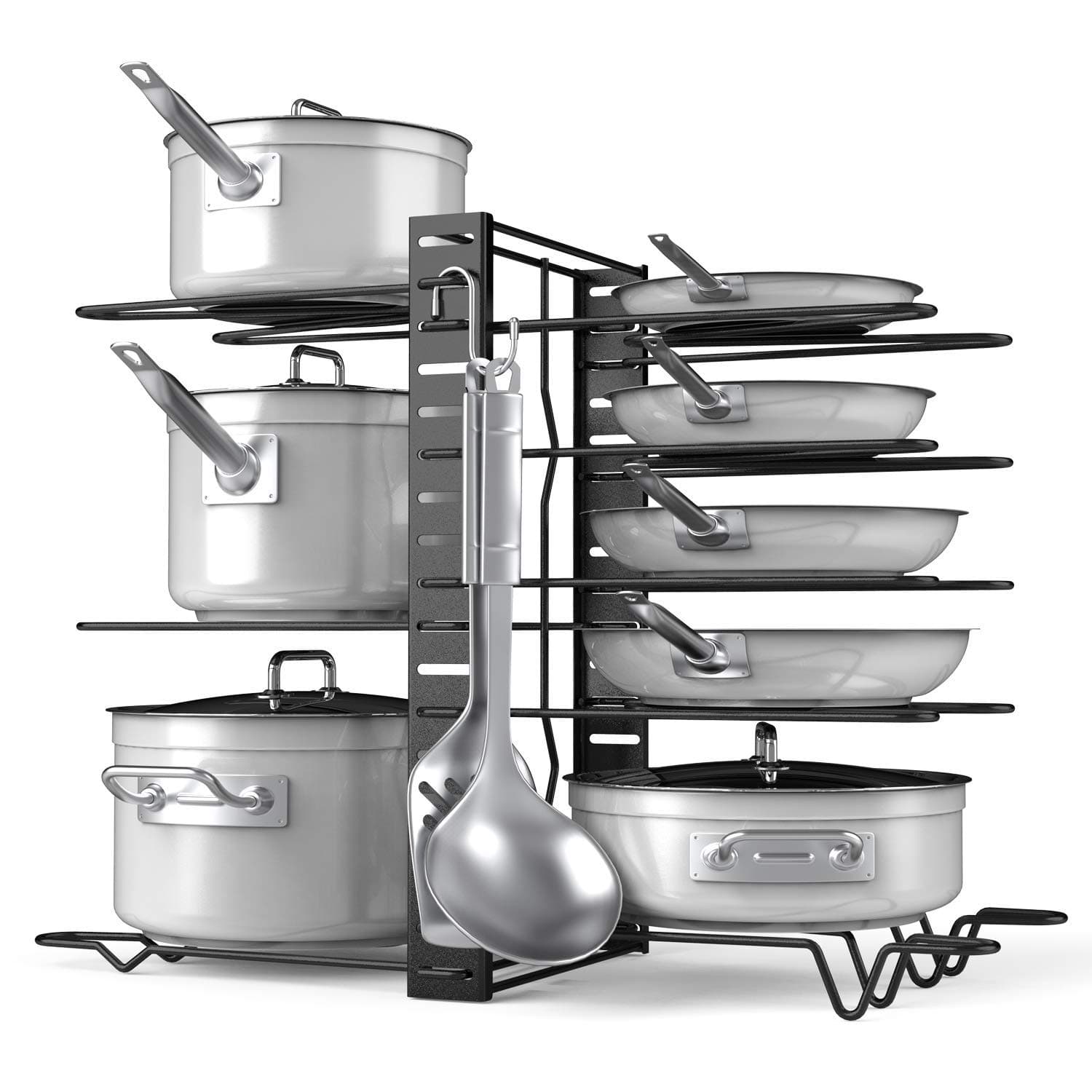 Devan Pots and Pans Organizer Adjustable 8+ Pots and Pans Oragnizer, Kitchen Counter and Cabinet Pot Lid Holder with 3 DIY Methods (6 Hooks Included)