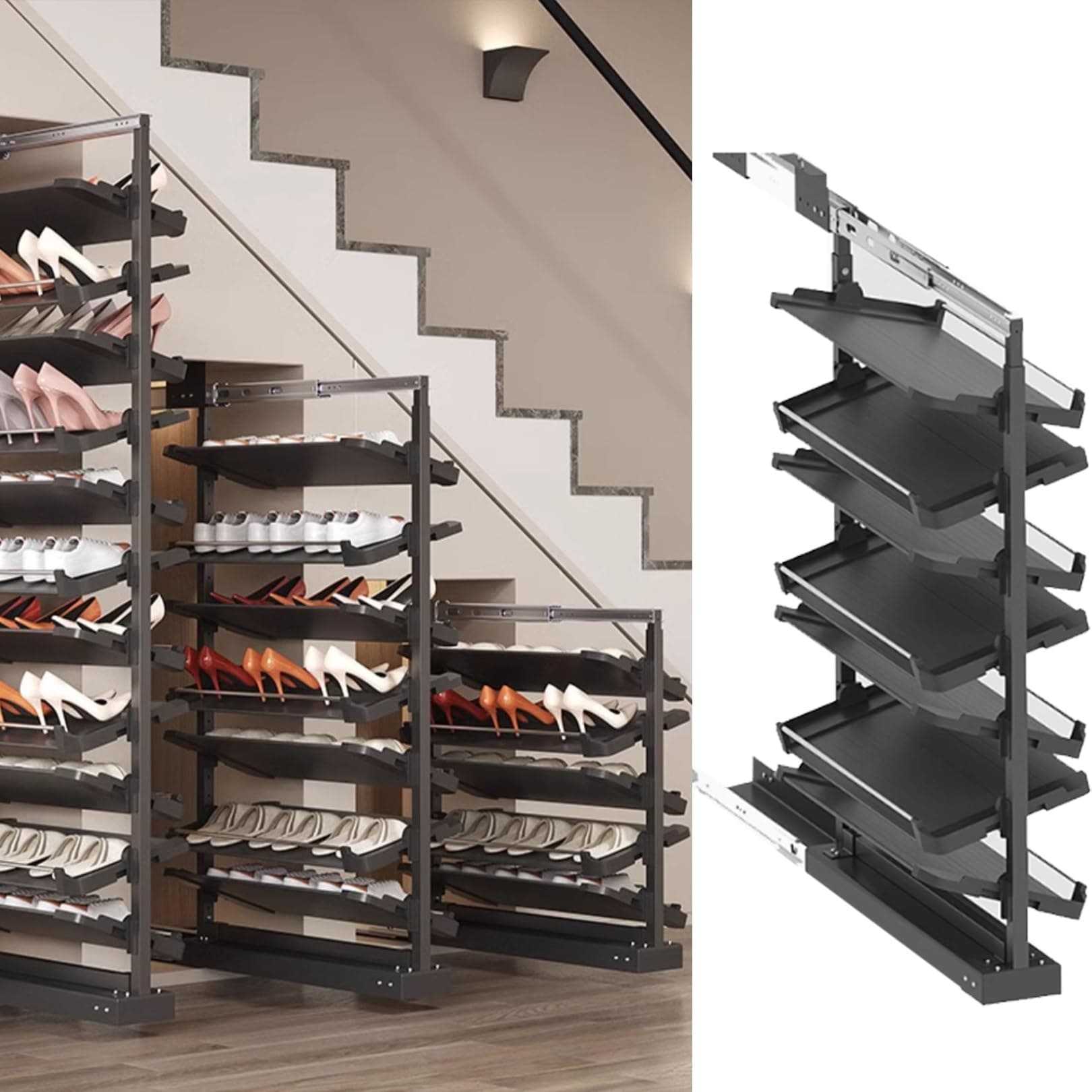 Pull-Out Shoe Rack Organizer for Closet Shoe Cabinet,Adjustable Height Retractable Metal Stackable Shoe Rack, Vertical Shelf Organizer for Small Bedroom Closet, Space Saving Storage, Black(58cm,7 Tier