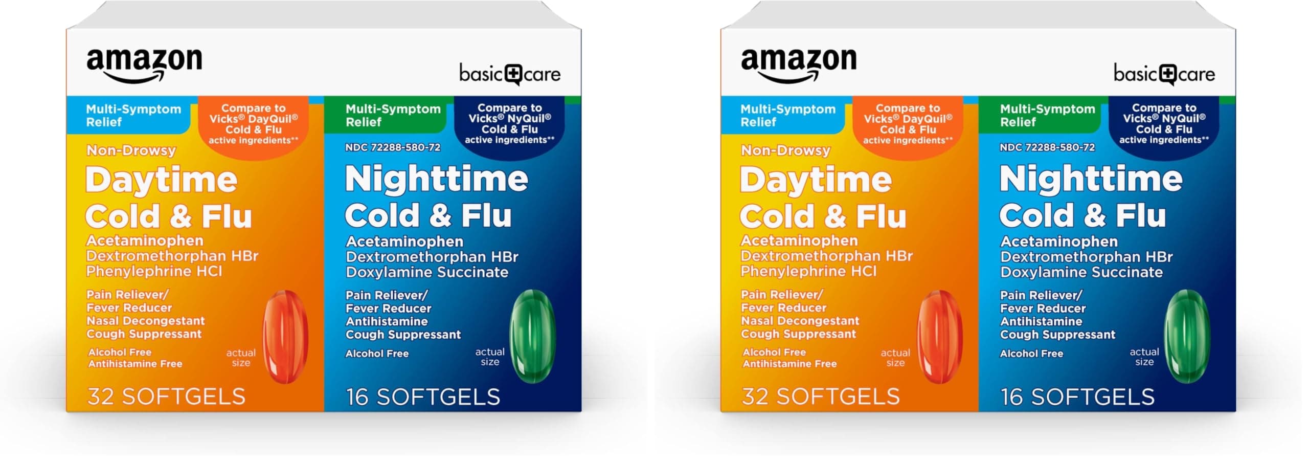 Amazon Basic Care Cold and Flu Relief, Daytime & Nighttime Combo Pack Softgels, Powerful Cold Medicine for Day and Night Multi-Symptom Relief, 48 Count (Pack of 2)
