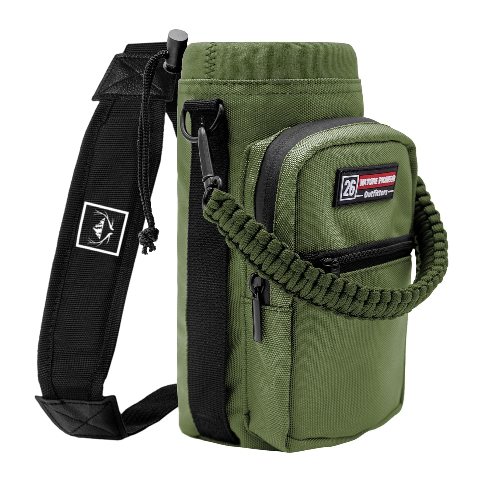 Water Bottle Holder with Adjustable Strap - 26/32/36/40/46/64oz Insulated Water Bottle Sling Carrier with Paracord Handle & 2 Pockets, Outdoor Sports, Hiking, Camping, Gym