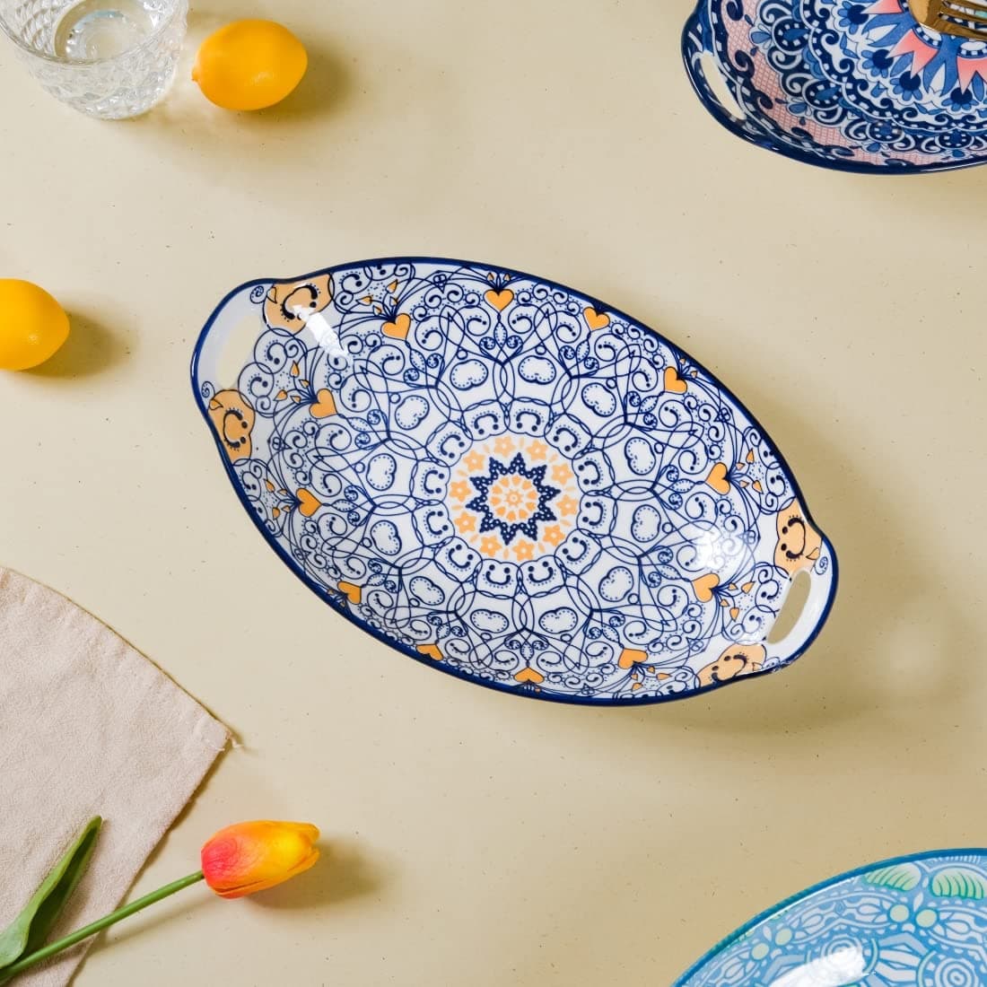 Dark Blue Mandala Ceramic Long Dish With Handles For Serving Snacks, Appetizers, Salads, and Noodles| Microwave Safe, Dishwasher Safe (10.8 Inch)
