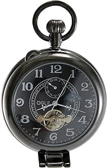 OGLE Waterproof Silver Magnifier Tourbillon Phases Moon Chain Fob Self Winding Automatic Skeleton Half Hunters Mechanical Pocket Watch