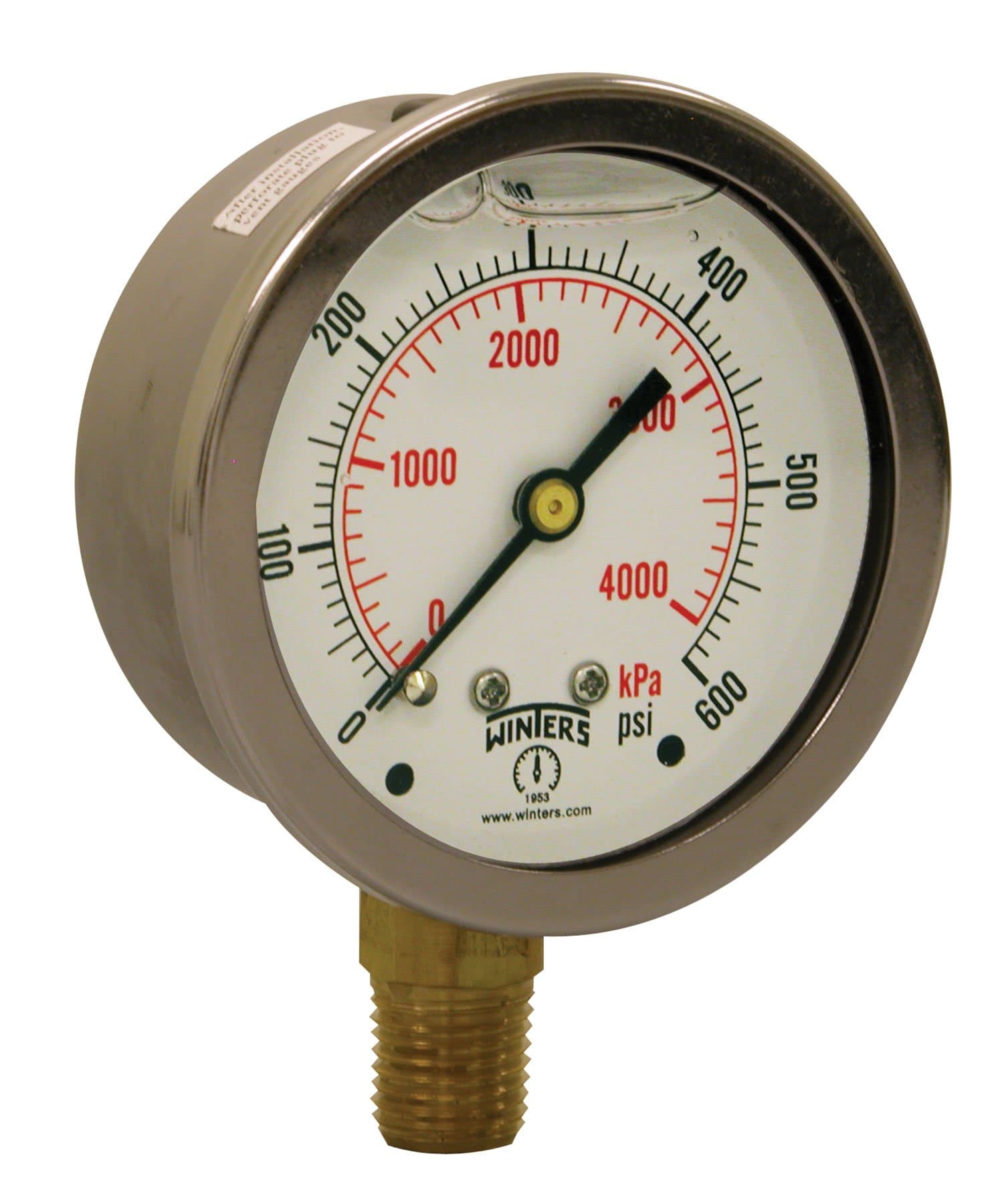 Winters 2-1/2" Dial Size, Liquid Filled Industrial Pressure Gauge, Brass Internals, 304 Stainless Steel Case, Single Scale 0-600 psi, 1.5% Acc, 1/4" NPT Bottom Mount, Glycerin Filled Pressure Gauge