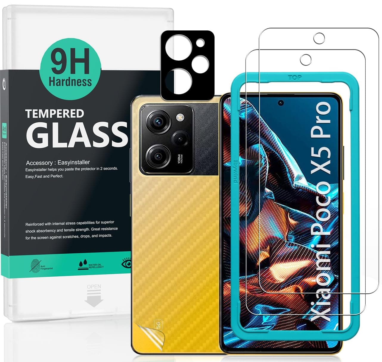 Screen Protector for Xiaomi Poco X5 Pro 5G(6.67") 2 Pack+1 Pack Camera Len Protector+1 Back Film,9H Tempered Glass,HD Clear,Scratch Resistant,Bubble Free,Easy Install,Fingerprint Compatible