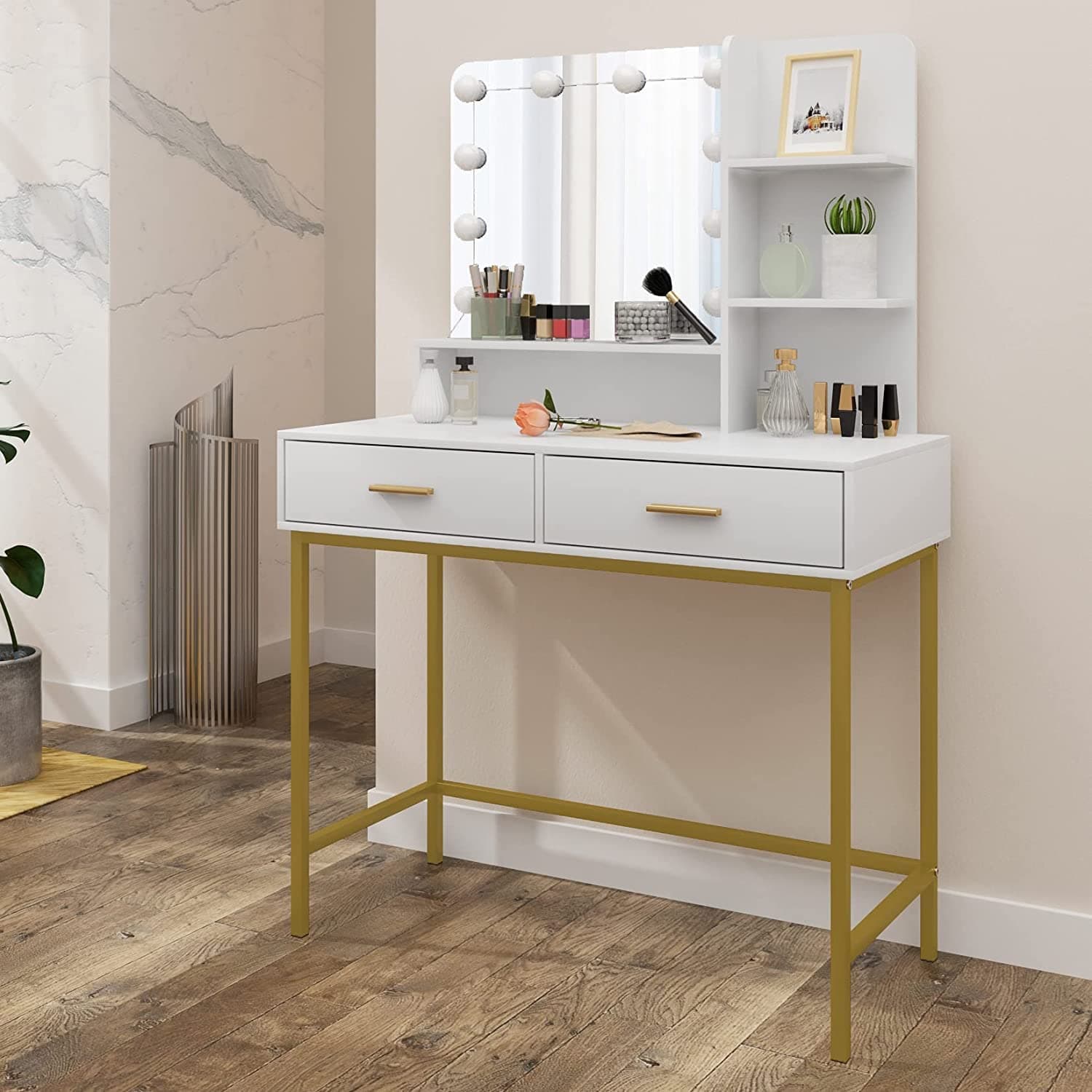 Lestarain Dressing Table with Mirror and LED Lights, Make-up Table with 2 Drawers and Storage Shelves, Modern Vanity Desk for Bedroom, 90x45x137.5cm, White+Golden, LUGIG008