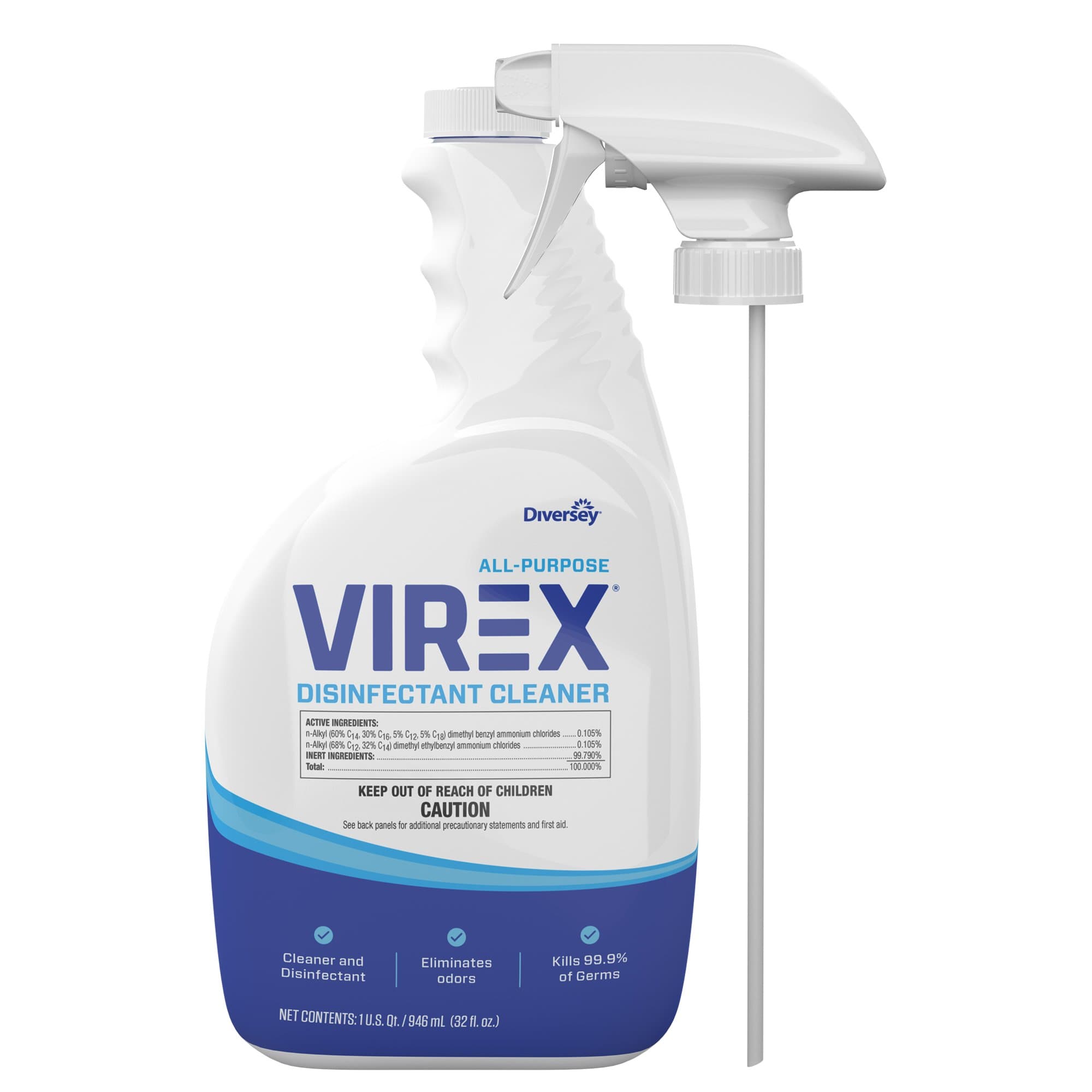 VIREX Diversey CBD540540 All Purpose Liquid Disinfectant Cleaner- Kills 99.9% of Germs and Eliminates Odors, Lemon Scent, Ready-to-Use Spray, 32-Ounce