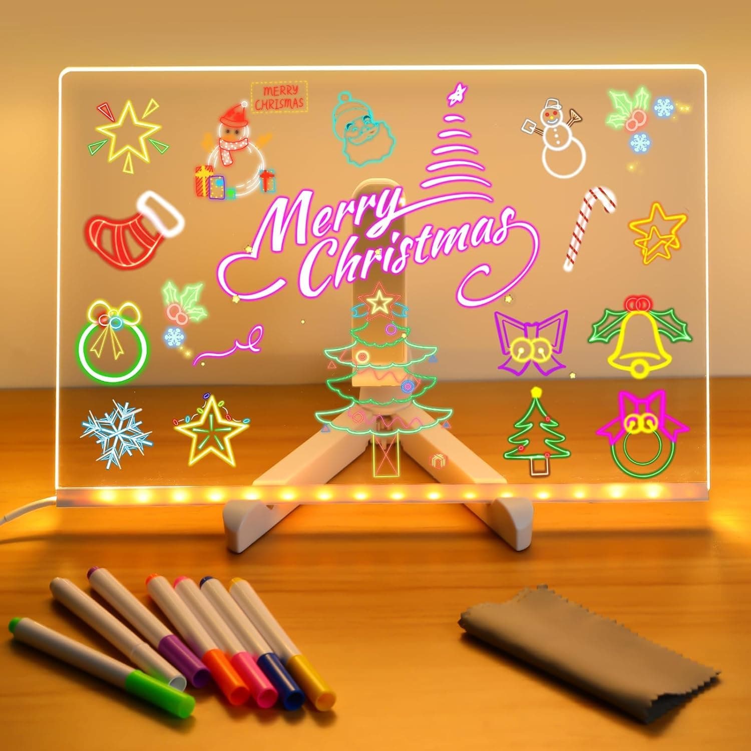 LED Note Board with Colors, Lighted Acrylic Dry Erase Board, Acrylic Message Board, Illuminated Note Board with Colors Notepad with Adjustable Stand and 7 Pens (7.9×7.9in)