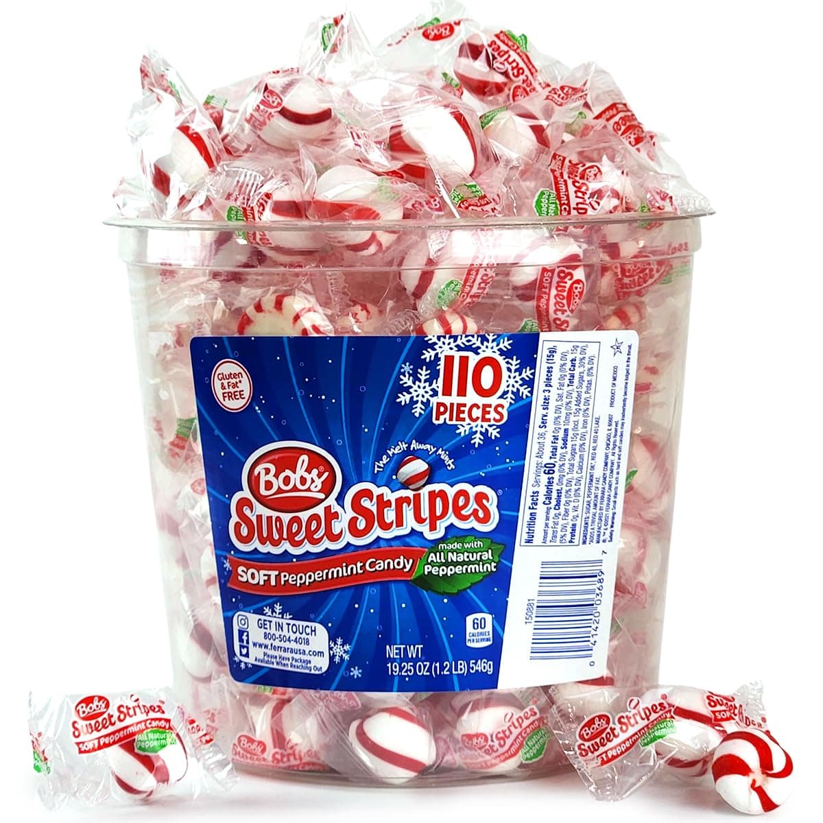 Sweet Stripes Soft Peppermint Candy Individually Wrapped Mints - Delicious Soft Mints Bulk Peppermint Puffs Perfect Holiday Candy for Snacking and Sharing with Family and Friend, 110 Count