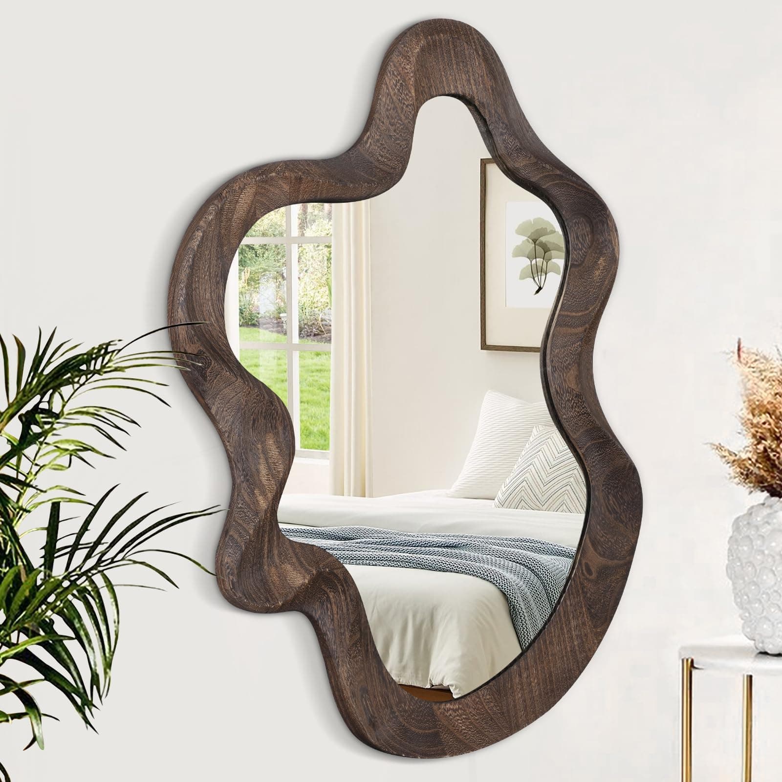 Asymmetrical Wavy Mirror for Wall Decor - Large Cute and Stylish Unique Wooden Framed Artistic Cloud Mirror, 21.6"x15" - Decorative for Living Room, Bedroom, Bathroom, Entryway