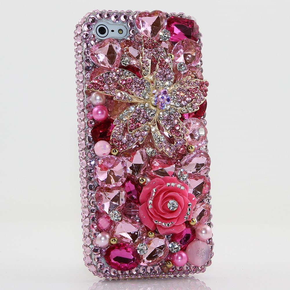 iPhone 6S Bling Case, iPhone 6 Case - LUXADDICTION® [Premium Quality] 3D Handmade Crystallized Bling Case Swarovski Crystals Diamond Sparkle Large Pink Crystal Flower Design Cover for iPhone 6 / 6S