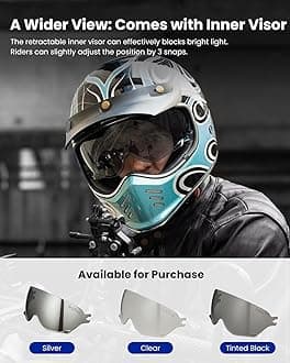 ILM Vintage Full Face Motorcycle Helmets for Adults Men Inner Visor Compatible for Moped ATV Cruiser Scooter DOT ECE ModelZ502(Fire Silver, S)
