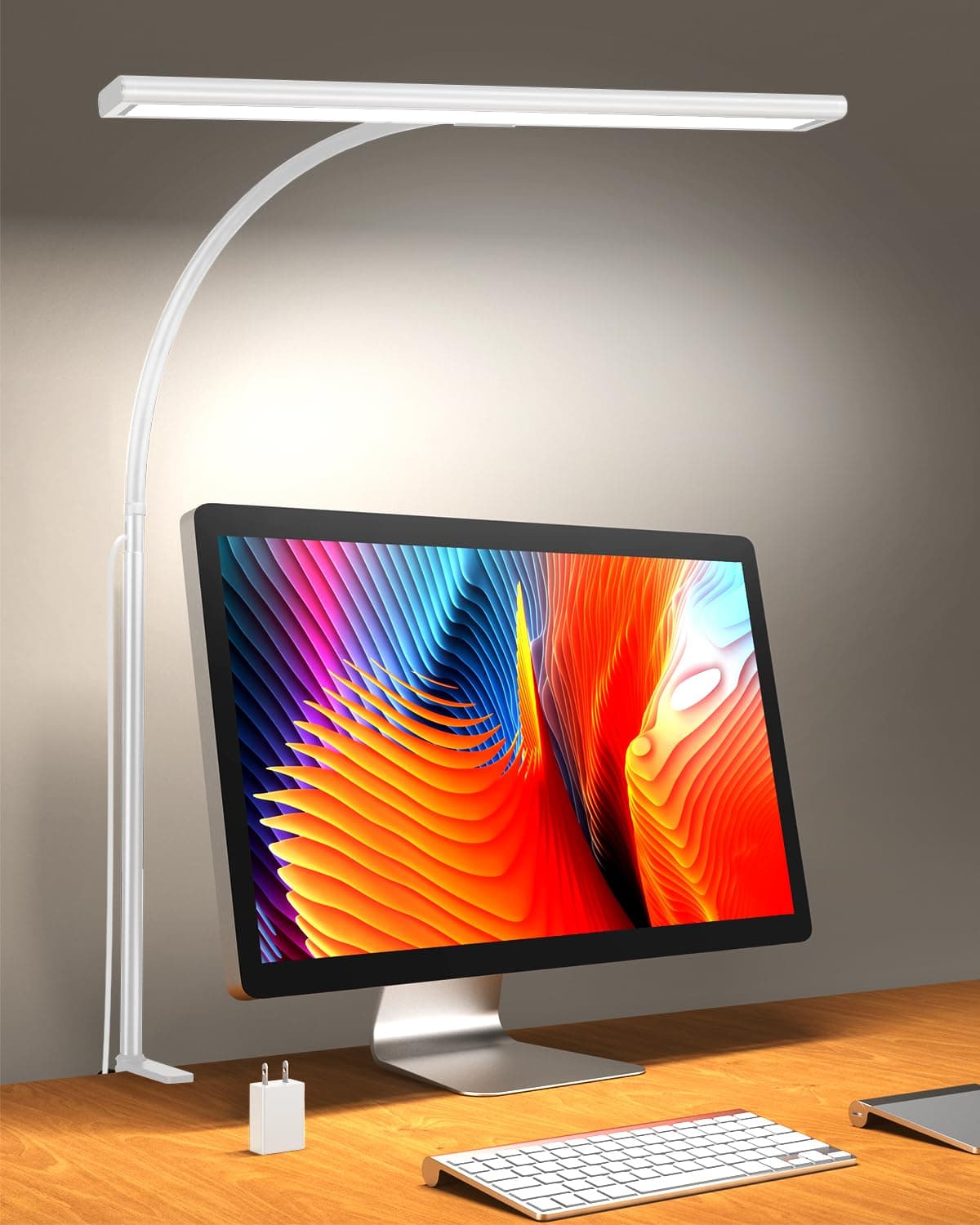 Clamp Desk Lamp with Adjustable Brightness, Eye-Caring LED, Rotatable Head, USB Powered, Space-Saving Design for Office, Reading, Work, and Home Desktop Lighting - White