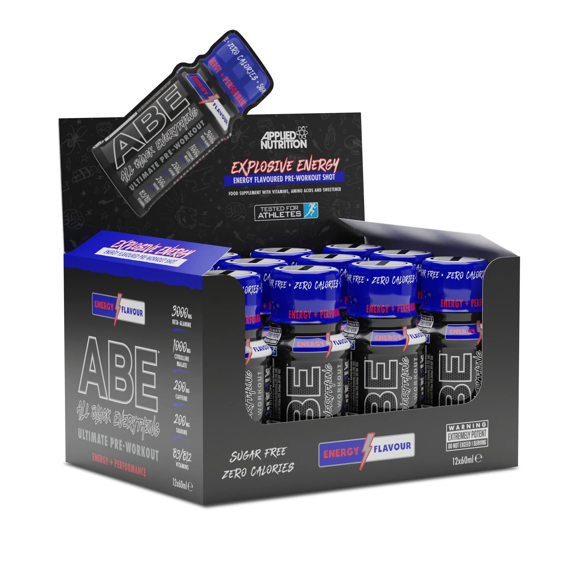Applied Nutrition ABE Pre Workout Shot - All Black Everything Pre Workout Energy Shots, Physical Performance with Citrulline, Beta Alanine, Caffeine (Box 12 Units x 60ml) (Energy Flavour)