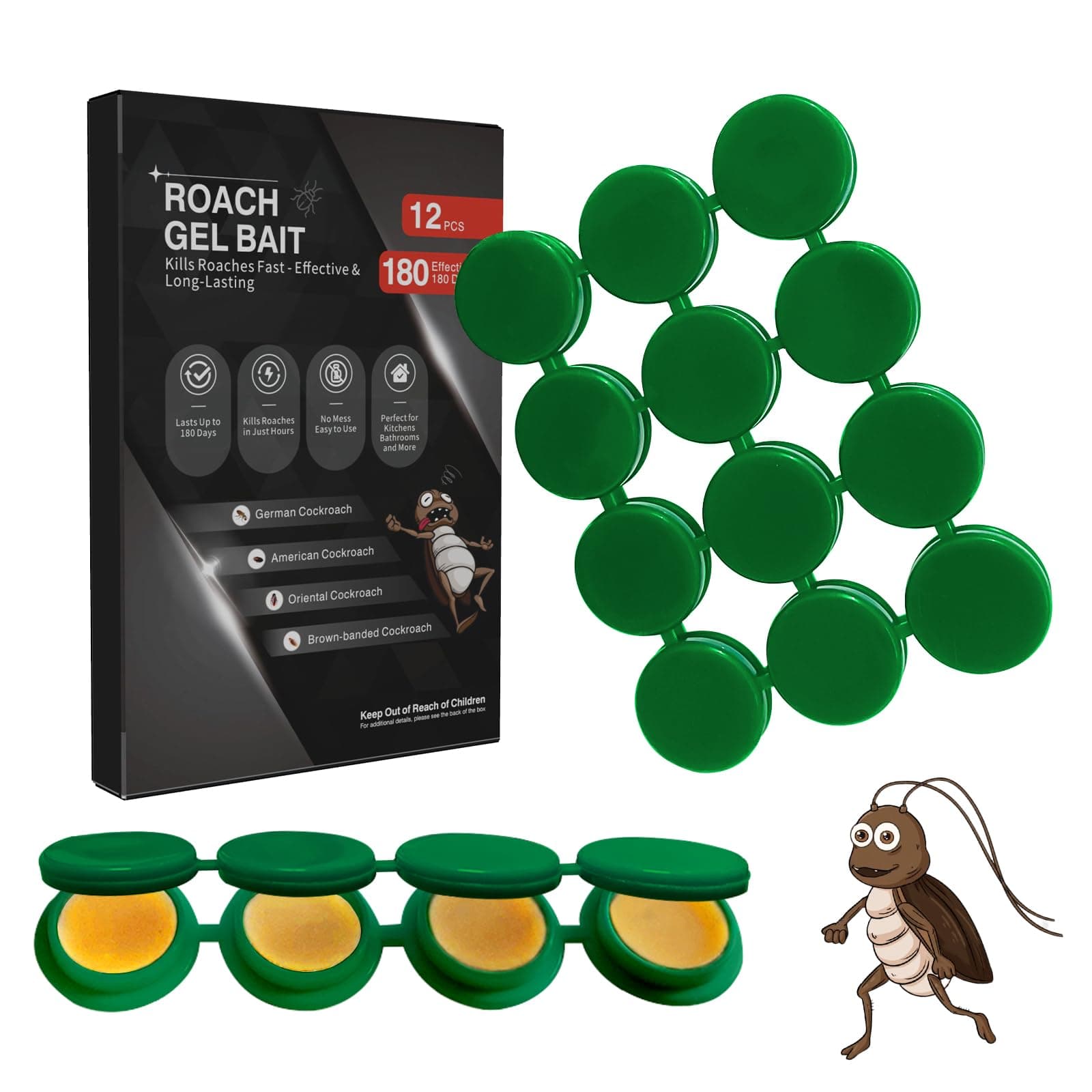 12 Pack Cockroach Gel Bait, Highly Effective Roach Gel Bait Indoor Infestation Solution, Fast Acting Cockroach Killer Indoor Home Kitchen Use, Easy to Apply & No Mess Roach Bait, Long-Lasting