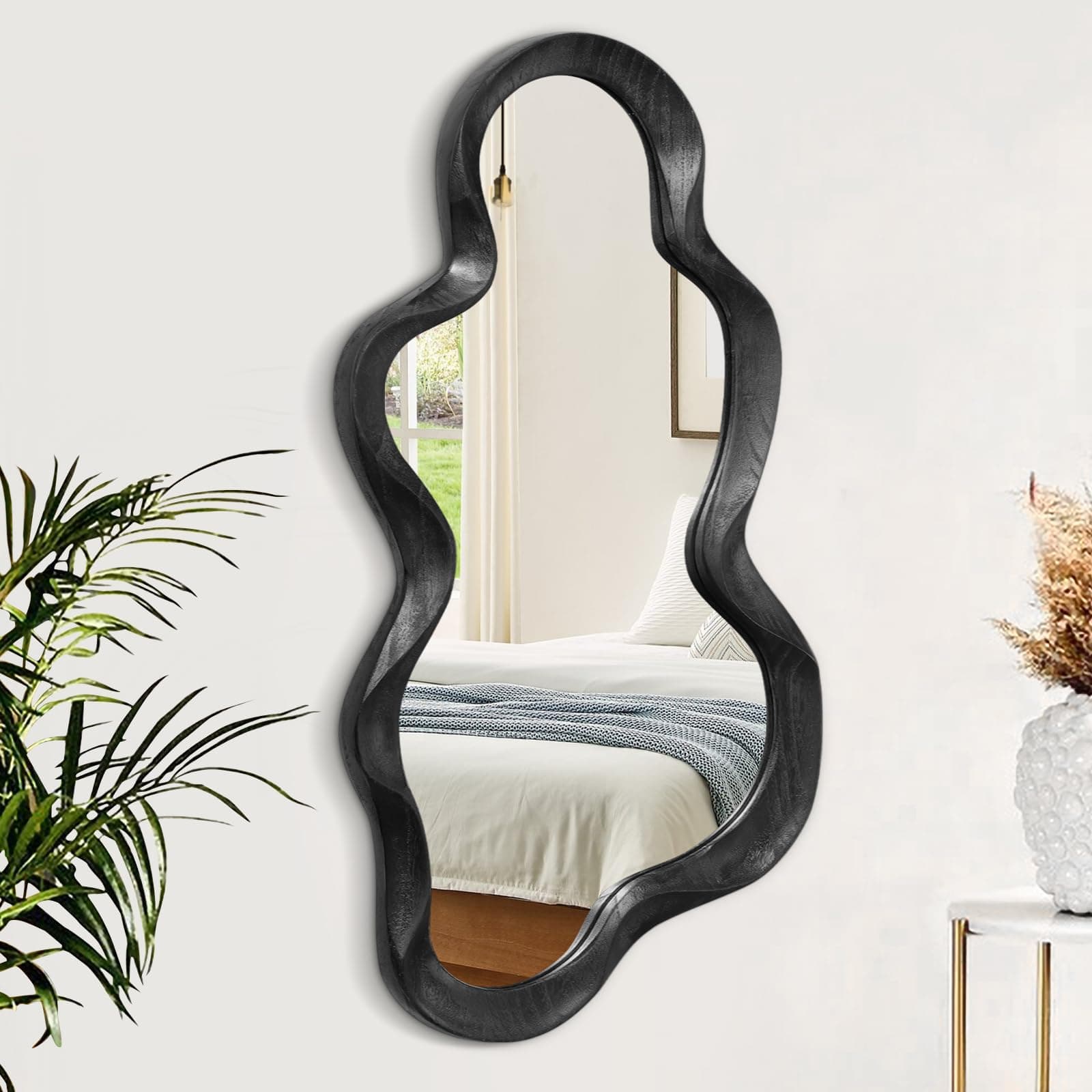 Black Asymmetrical Mirror for Wall Irregular Wood Frame Mirrors Modern Artistic Wavy Wall Mirror Decorative Vanity Bathroom Living Room Bedroom Entryway Hallway Cute and Stylish Cloud Mirror Large