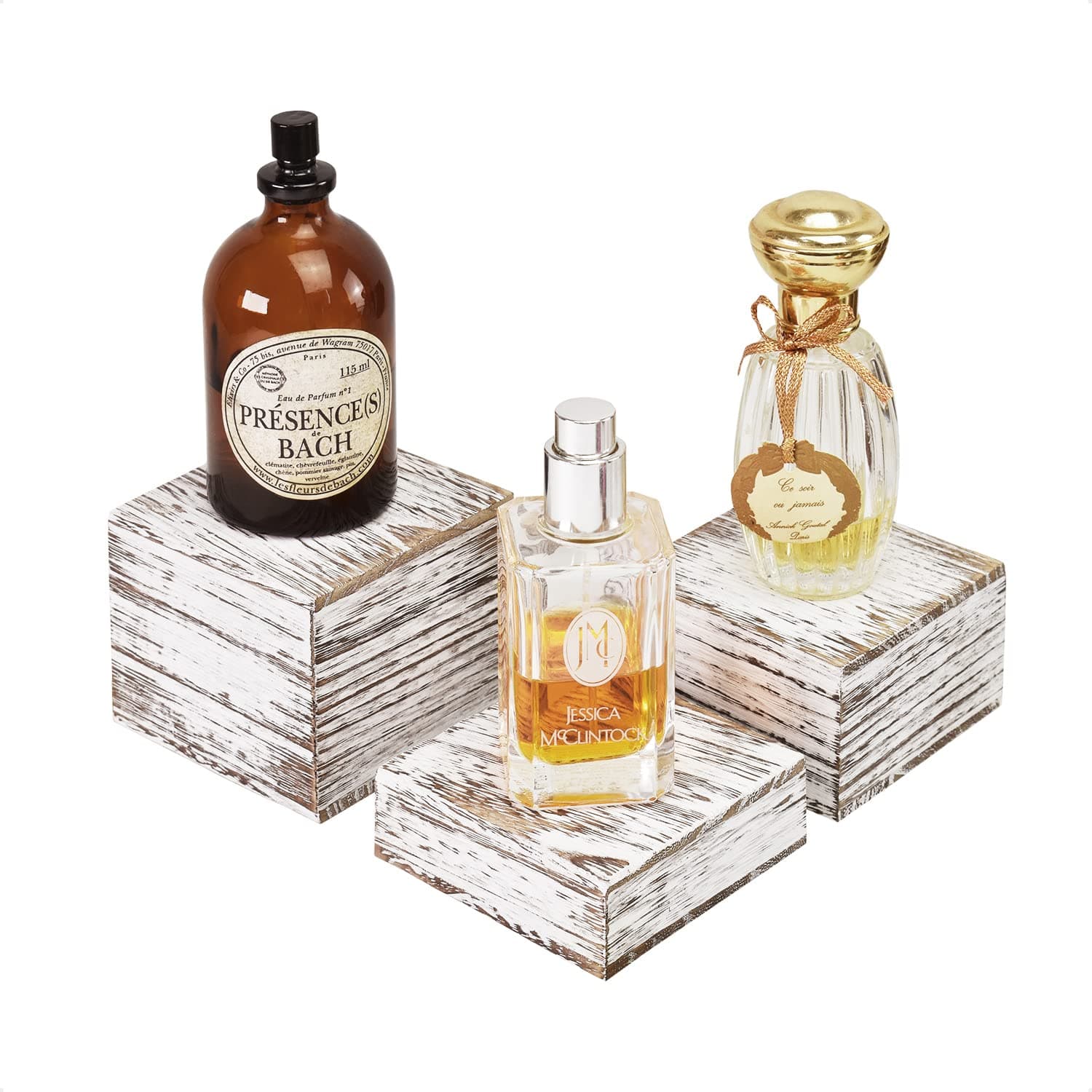 MOOCA Customizable Wooden Display Risers Set - 3 Different Height Stands for Jewelry, Watches, Cosmetics, and Accessory, Antique White Color