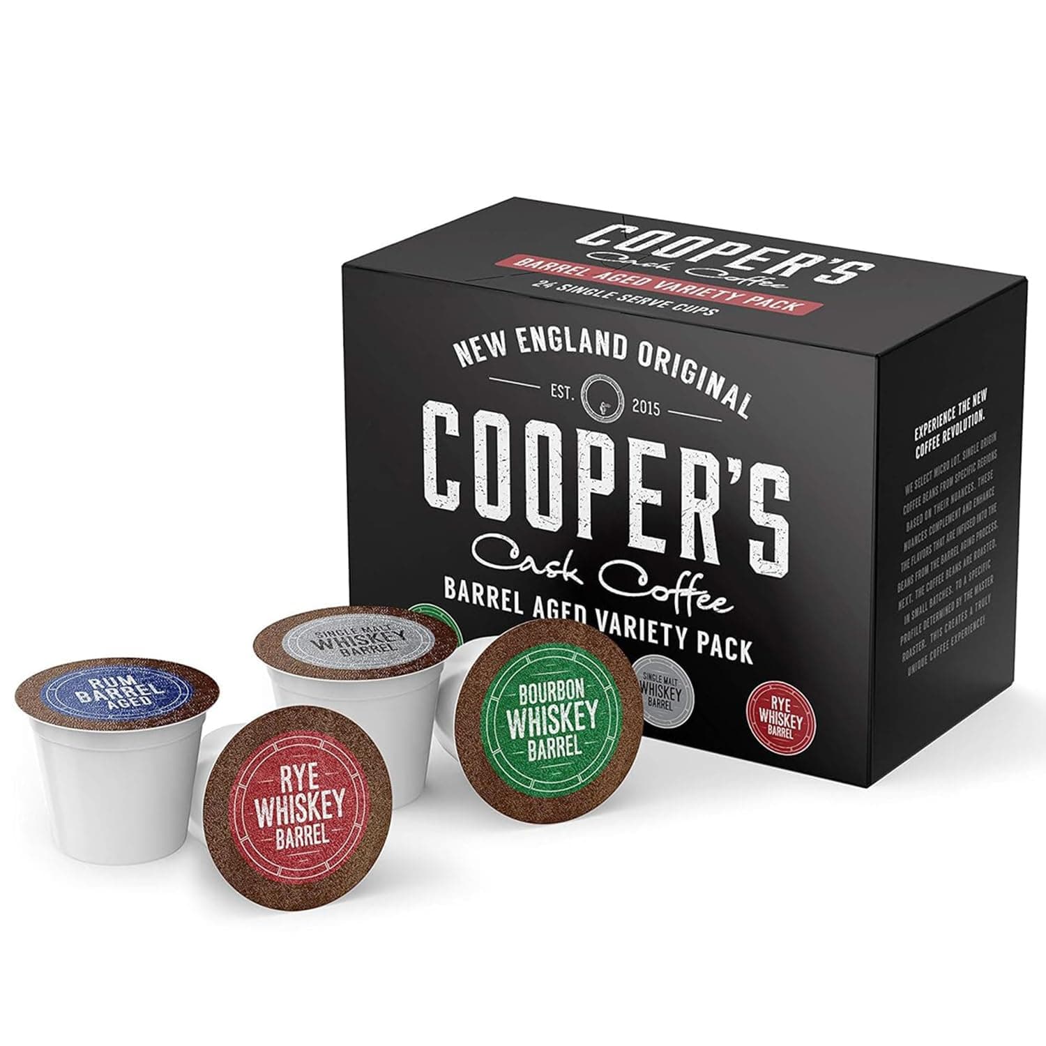 Cooperโs Cask Coffee Bourbon Barrel Aged Coffee Pods Variety Pack Set - Single Serve Cups, Bourbon, Rye Whiskey, Malt Whiskey, Rum Flavors, 24ct