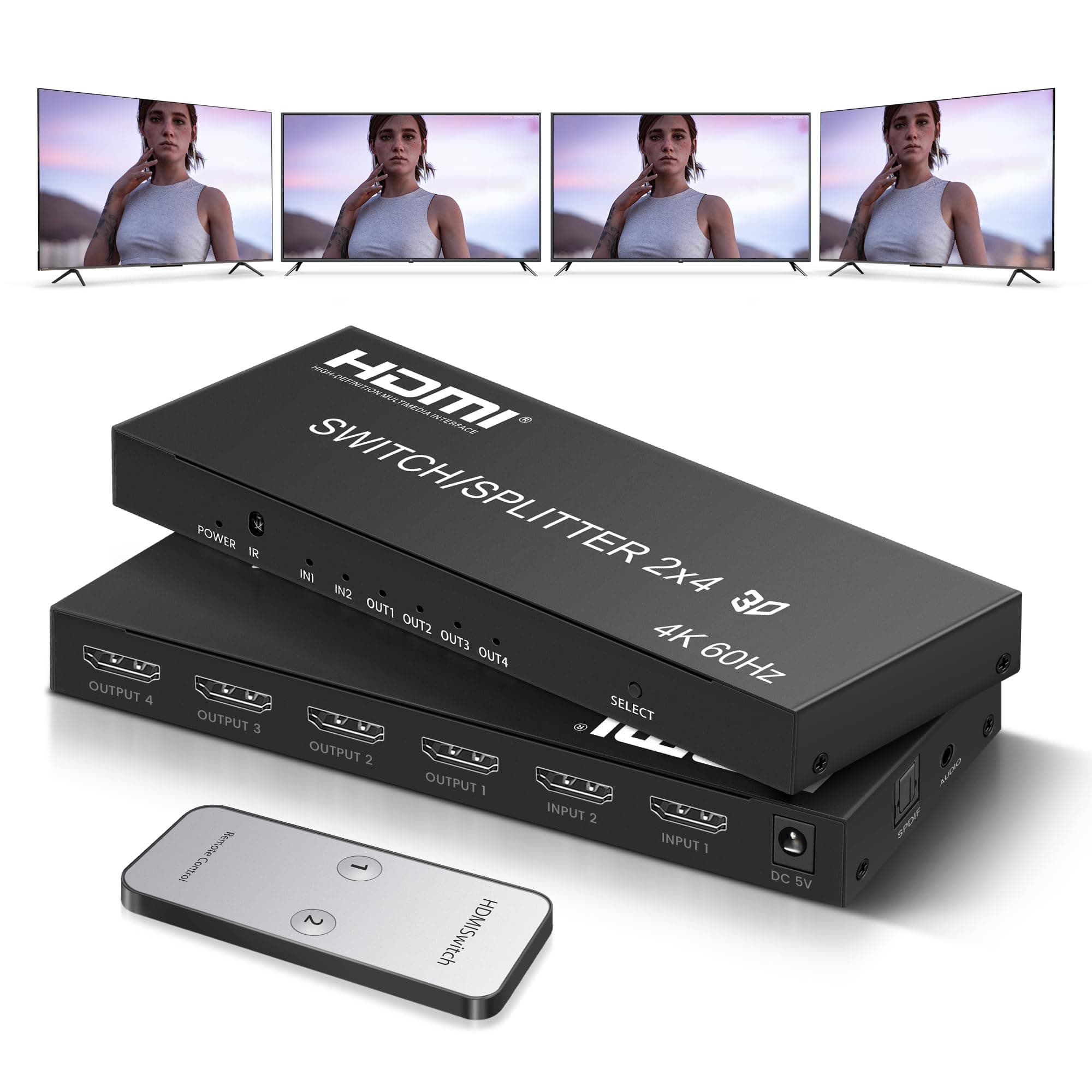 4K@60Hz HDMI Switch Splitter 2 in 4 Out with Remote, avedio Links 2x4 HDMI Splitter Switcher 4K with SPDIF & 3.5mm Audio,Support 4K,3D,1080p,HDCP2.2,HDR 10 for PS5/4,Xbox,Fire Stick,etc