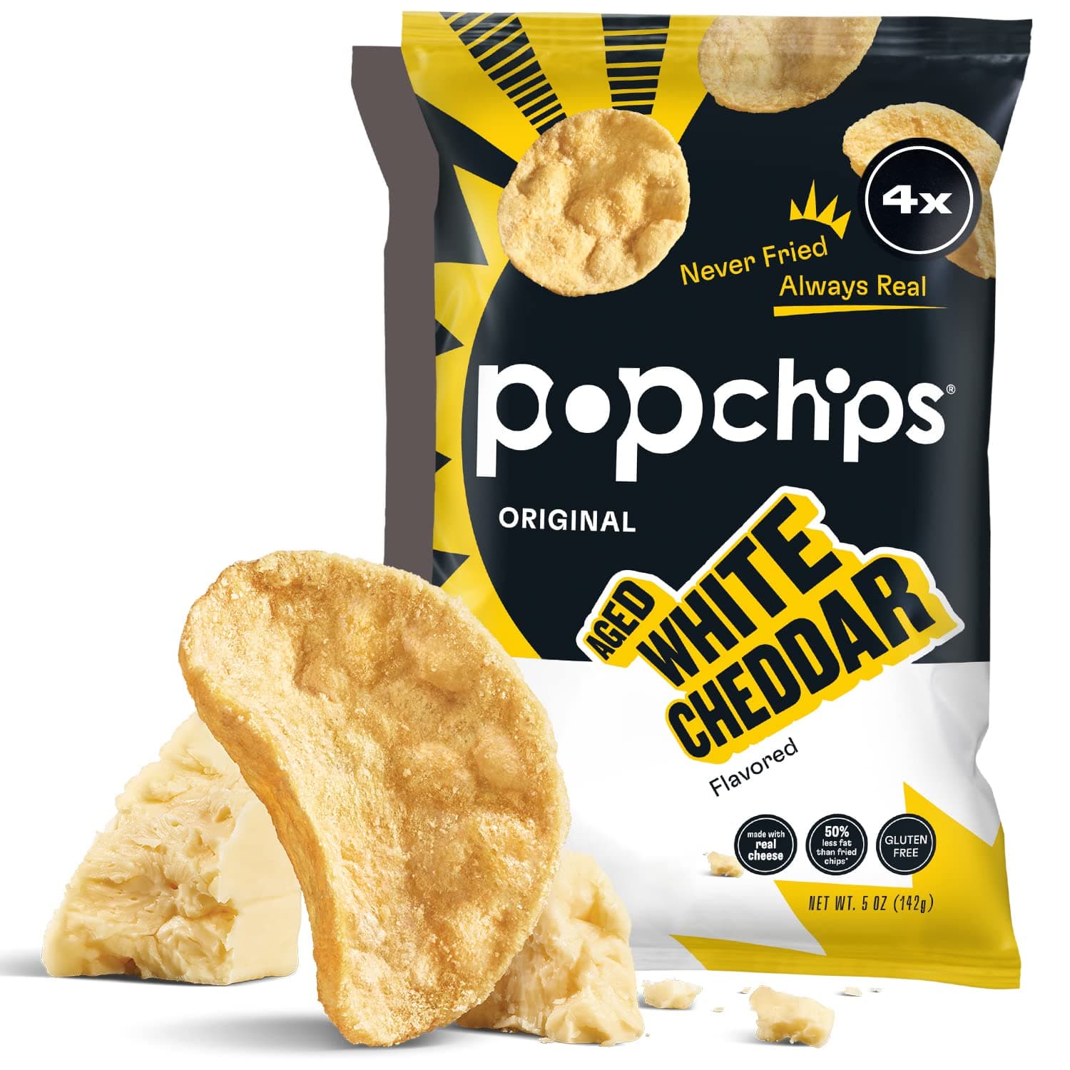 Popchips Potato Chips, Aged White Cheddar, 4ct 5.0oz Share Bags, Low-Calorie, Kosher and Gluten Free, Salty Snacks for Adults and Children, Made with Real Cheese, 120 Calories Per Serving