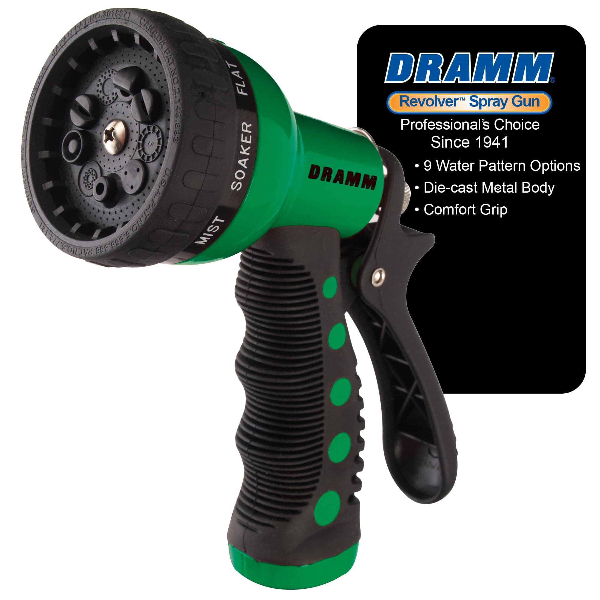 Dramm Revolver Heavy Duty Metal Garden Hose Nozzle – 9 Spray Patterns, High Pressure Jet, Thumb-Control Flow, Ergonomic Grip – Green