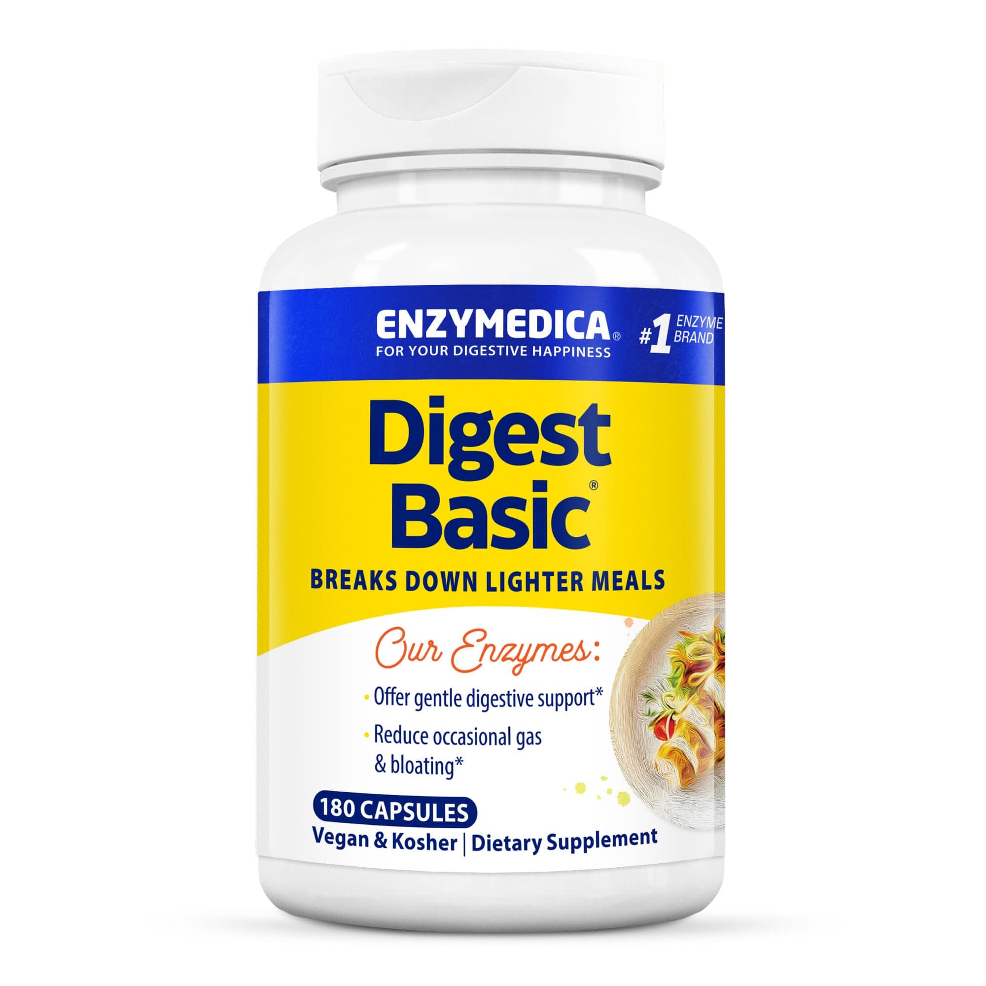 Enzymedica Digest Basic, Digestive Enzymes for Sensitive Stomachs, Offers Fast-Acting Gas & Bloating Relief, 180 Count
