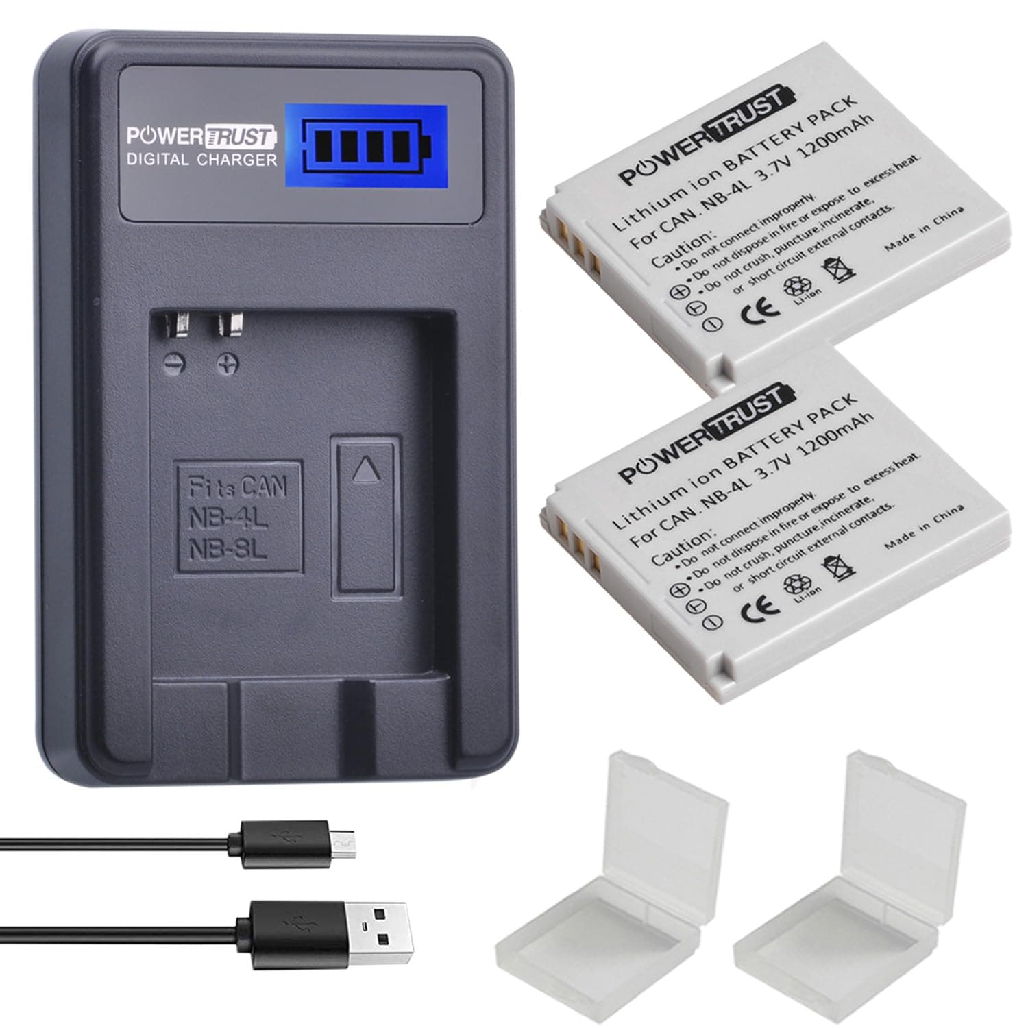 2-Pack 1200mAh 3.7v NB-4L Battery and LCD USB Charger for Canon PowerShot ELPH 100 HS, 300 HS, 310 HS, SD1000, SD1100 is, SD1400 is, SD200, SD30, SD300, SD40, SD400, SD600, SD750, SD780 is