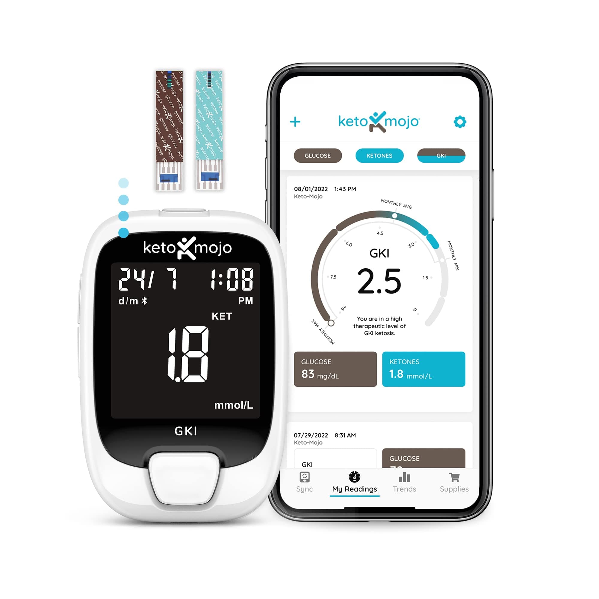 GKI Bluetooth Glucose & Ketone Testing Kit (mmol/L) + Free APP for Ketosis & Diabetes Management. 20 Blood Test Strips (10 Each), Meter, 20 Lancets, Lancing Device, and Control Solutions