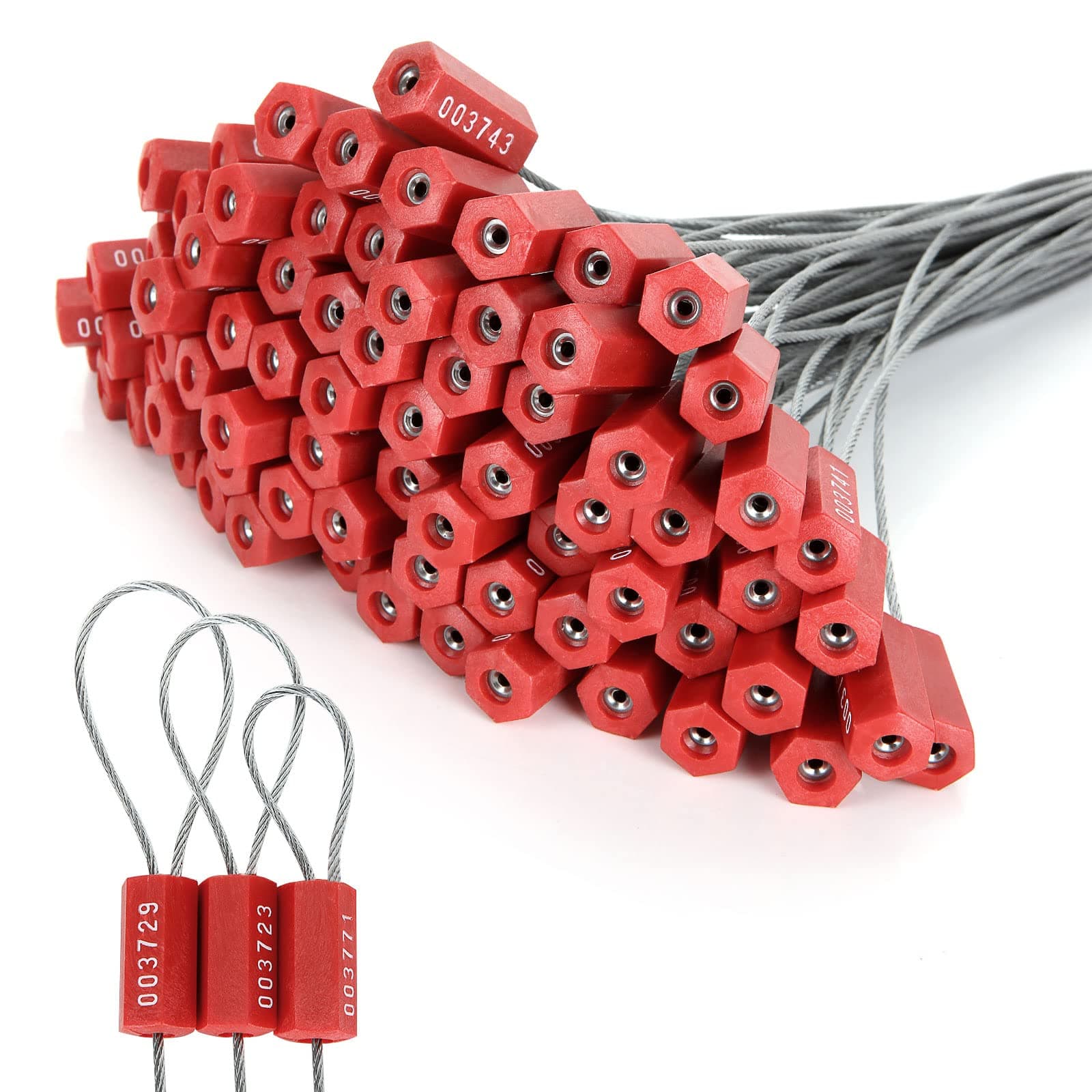 100 PCS Steel Security Cable Seals Numbered Tamper Proof Security Tags, Red Pull-Tite Container Seals Wire Seals, Metal Self-Locking Cable Steel Wire Seal for Truck Container Shipping, 12”/300mm