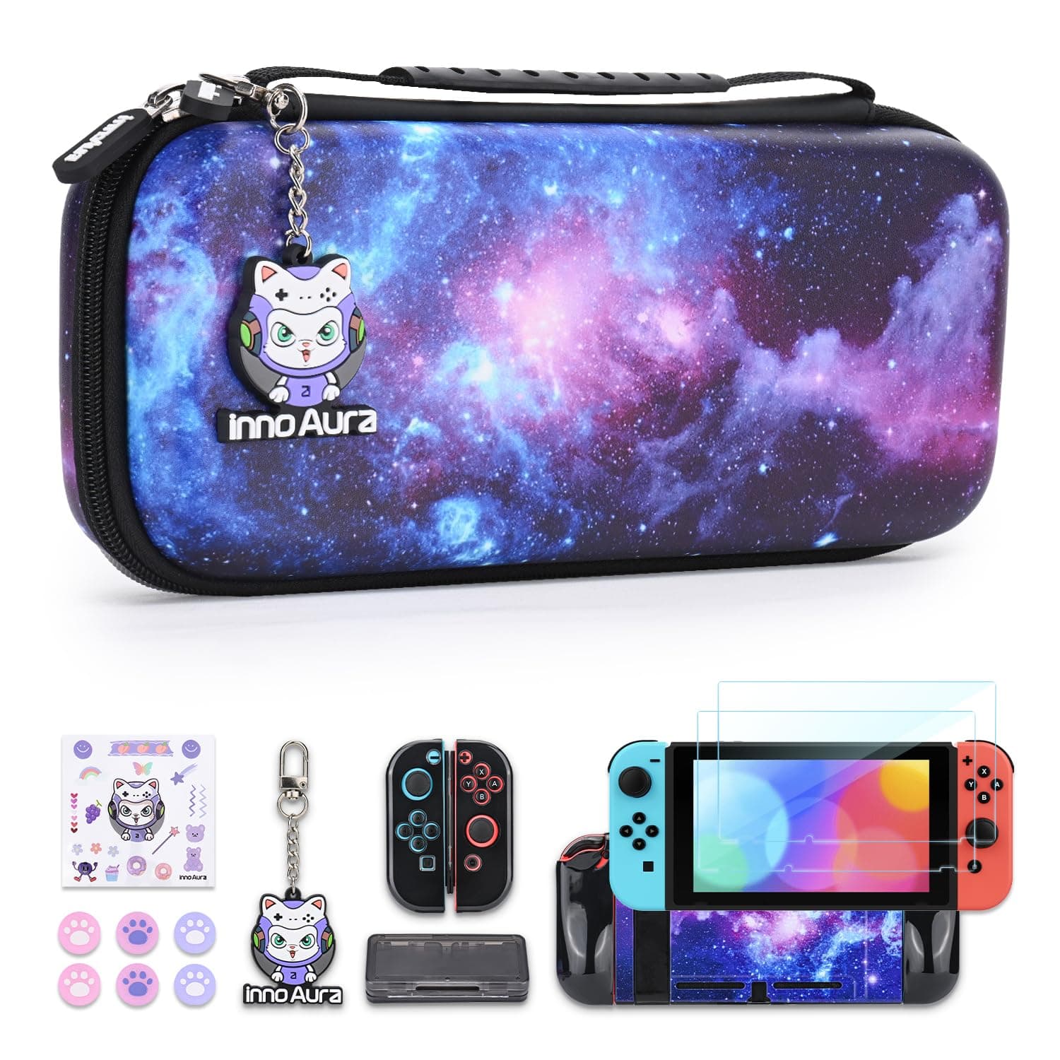 Switch Case for NS Switch, innoAura 15 in 1 Switch Accessories Bundles with Switch Carrying Case, Switch Protective Case, Switch Game Case, Switch Screen Protector, Switch Thumb Caps (Galaxy Black)