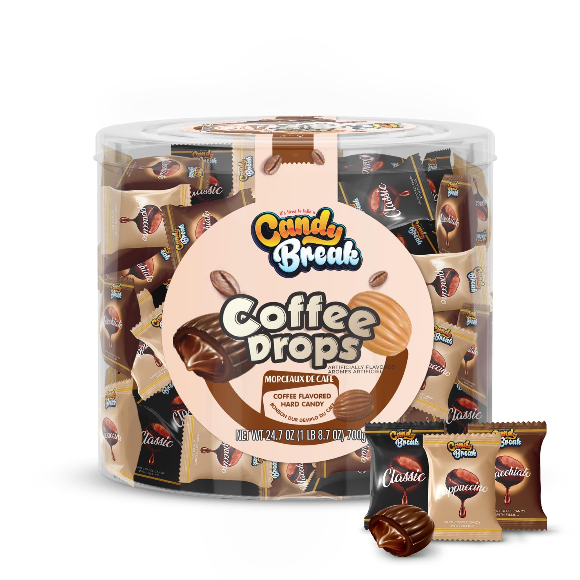 Coffee Drops, Center Filled Hard Candy, Coffee Candy Individually Wrapped, Macchiato, Espresso, Cappuccino Flavored Candies, Caffeine Candies 24.7 Oz Bulk Bag, Variety Pack of 1