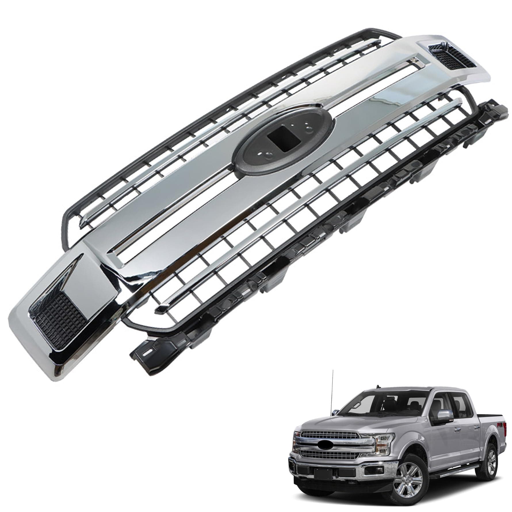 munirater Front Bumper Radiator Grille Assembly Chrome with Base Rail Replacement for 2018-2020 F150 Pickup 4-Door JL3Z8200EA