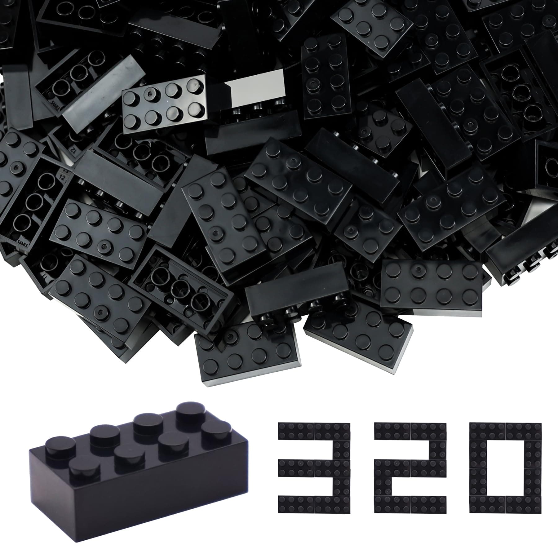 Building Bricks 2x4 Stud 320 Pcs Black, Classic Construction Blocks Bulk Set, Compatible with All Major Brands (S082)