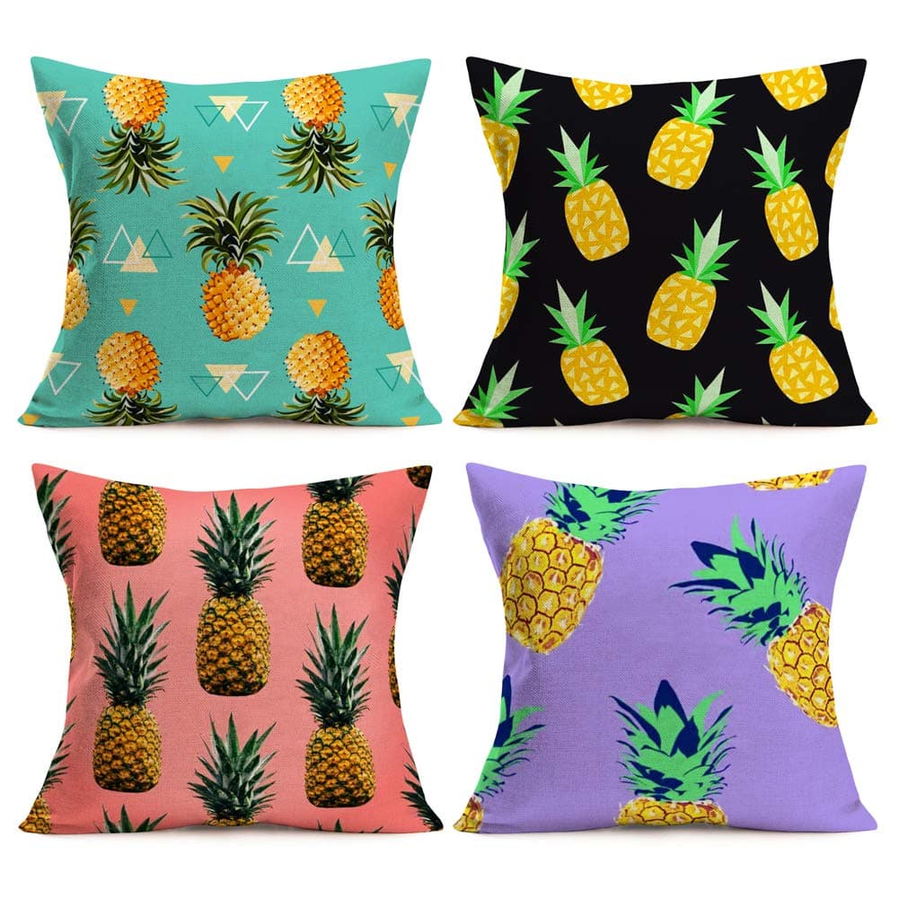 Colorful Pineapple Throw Pillow Covers Summer Tropical Fruit Pineapple Pillow Cases Cotton Linen Square Throw Pillow Cushion Cover 18’’x18’’ for Sofa Couch Bedding,Set of 4