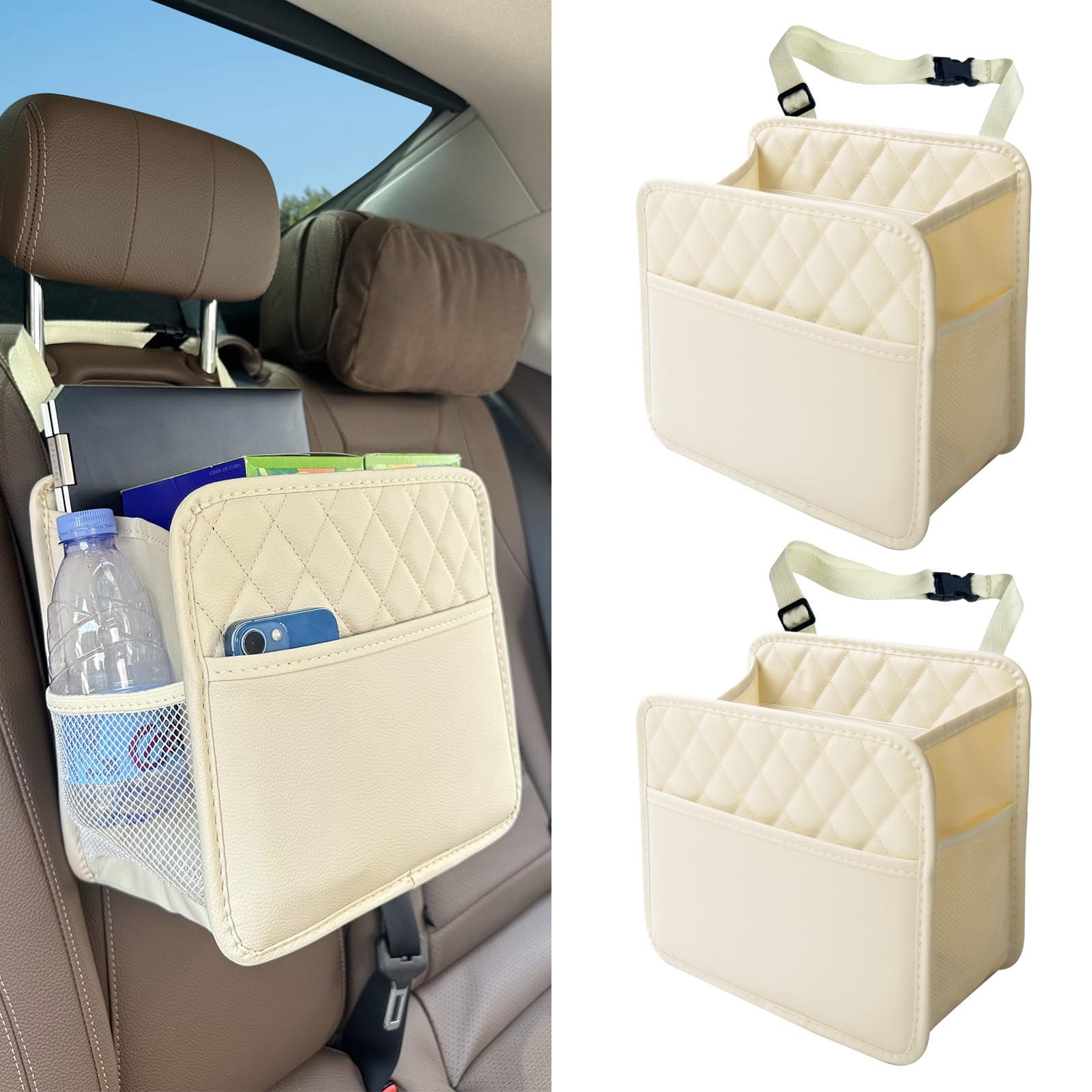 Witaxima 2 Pack Upgraded Car Seat Organizer Backseat with Storage Pockets, Multipurpose Car Organizer Hanging Car Trash Bag Premium PU Leather Garbage Can 2.14 Gallon Large Capacity Accessories Beige