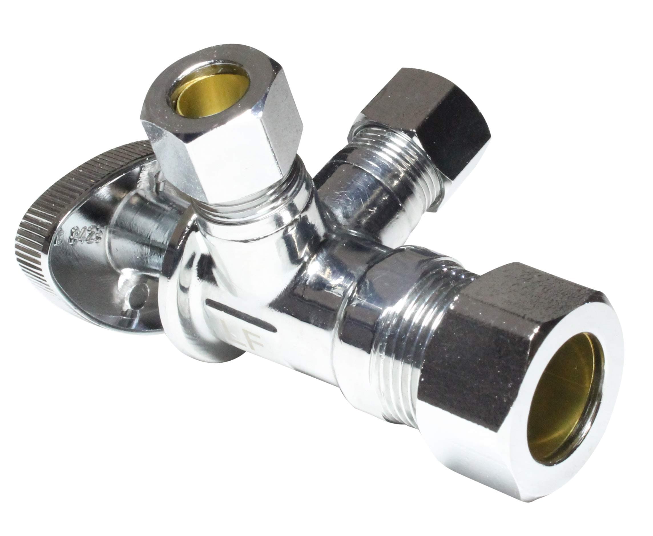 Dual Compression Outlet Angle Stop Valve, Plumbing Fitting, Quarter Turn, Single Handle Independent Multi-Select Positions, Water Valve Shut Off 1/2" NOM (5/8" OD) x (3/8 inch x 3/8 inch)