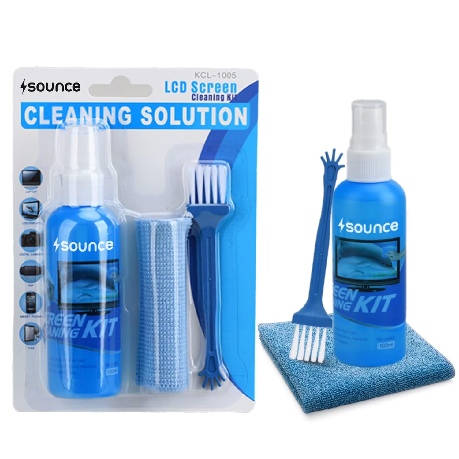 3 in 1 Cleaning Set for Screen PC, Laptops, Monitors, Mobiles, LCD, LED, TV/Professional Quality/Prevents Static Electricity, 100ml with Micro Fiber Cloth and Soft Brush