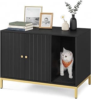 Feandrea Litter Box Enclosure, Modern Cat Litter Box Furniture Hidden, with Scratching Mat, Tall Legs, Cat House, Side End Table, 31.5 x 19.7 x 21.7 Inches, Black and Gold UPCL007B01