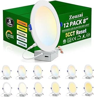 zouzai 12 Pack White 8 inch 18W 1620LM 5CCT Reset Ultra-Thin LED Recessed Ceiling Light with Junction Box, 2700K/3000K/3500K/4000K/5000K Selectable,Dimmable - ETL and Energy Star Certified
